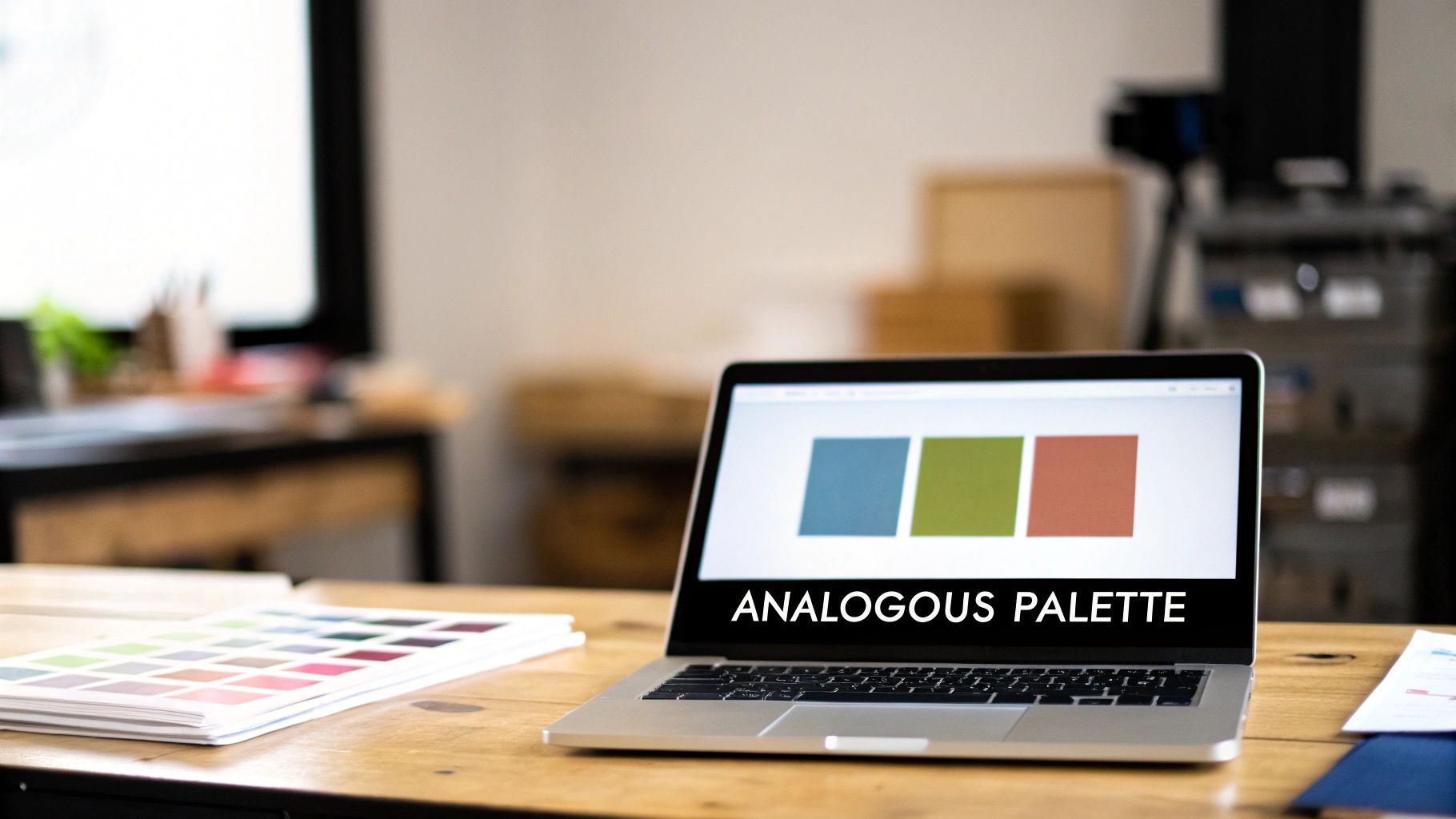 A laptop displaying an analogous color palette with a physical color swatch book on a wooden desk.