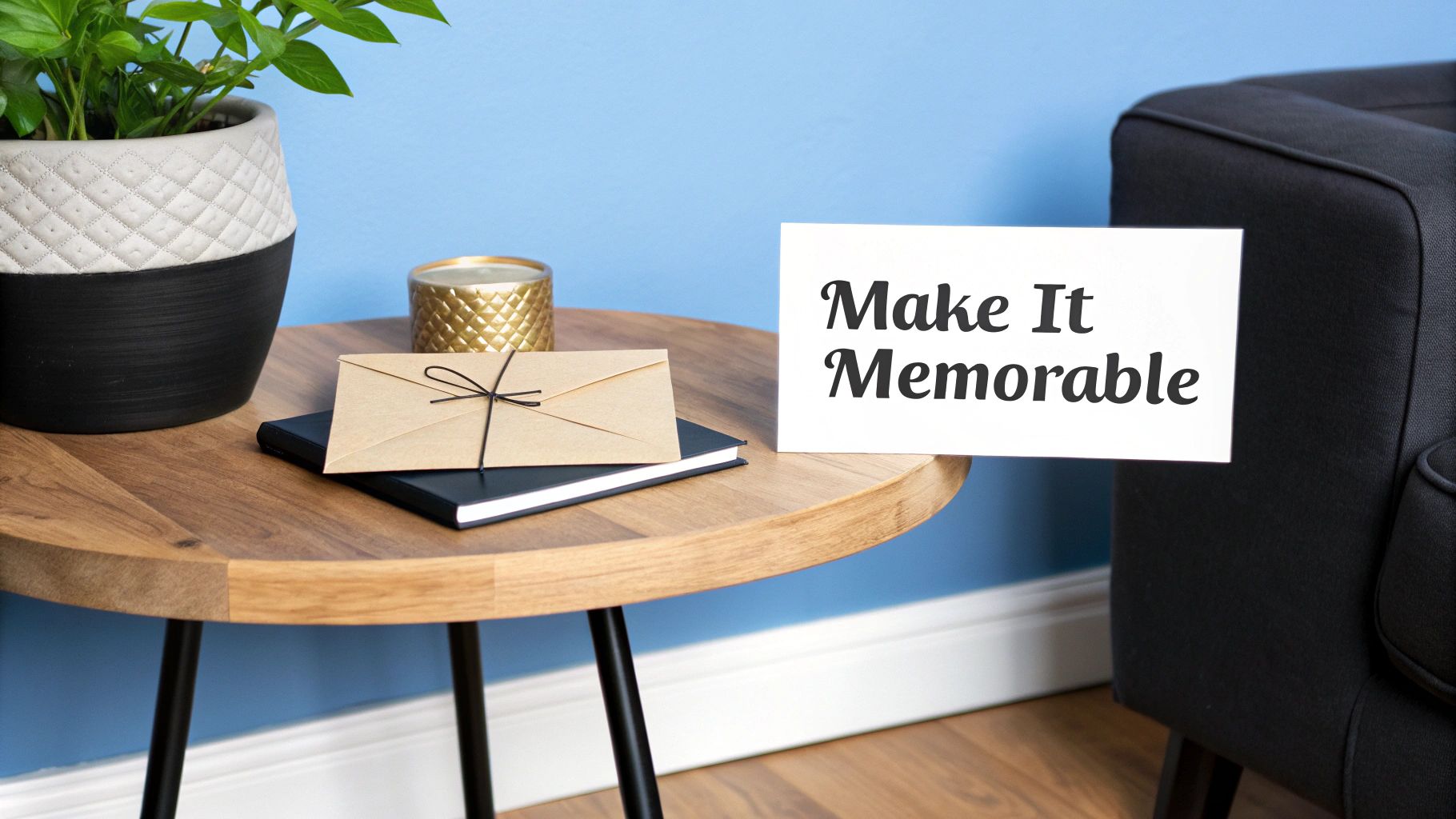 Elegant wooden table display with envelope, notebook, candle, and make it memorable sign for gift presentation