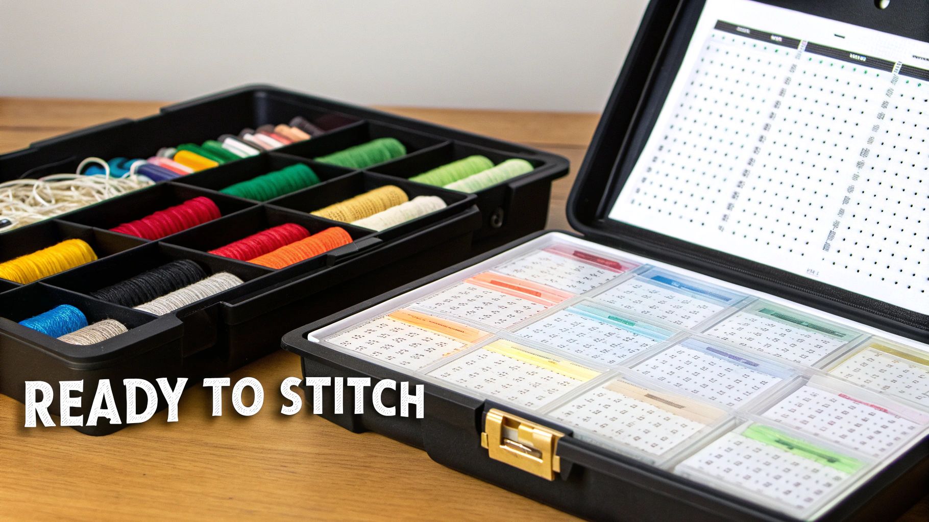 Two open black cases on a wooden table, one filled with colorful embroidery floss, the other with stitching charts and patterns.