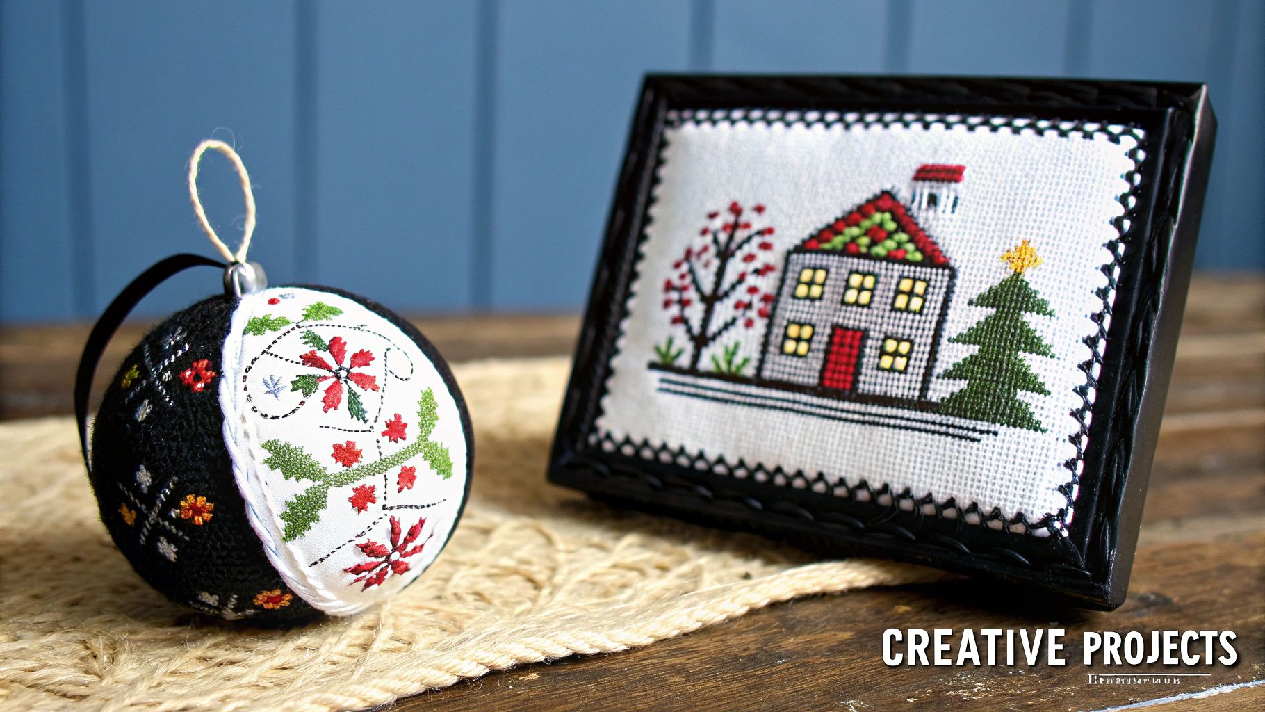 A detailed, heirloom-quality cross-stitch project featuring intricate patterns and fine details on fabric.