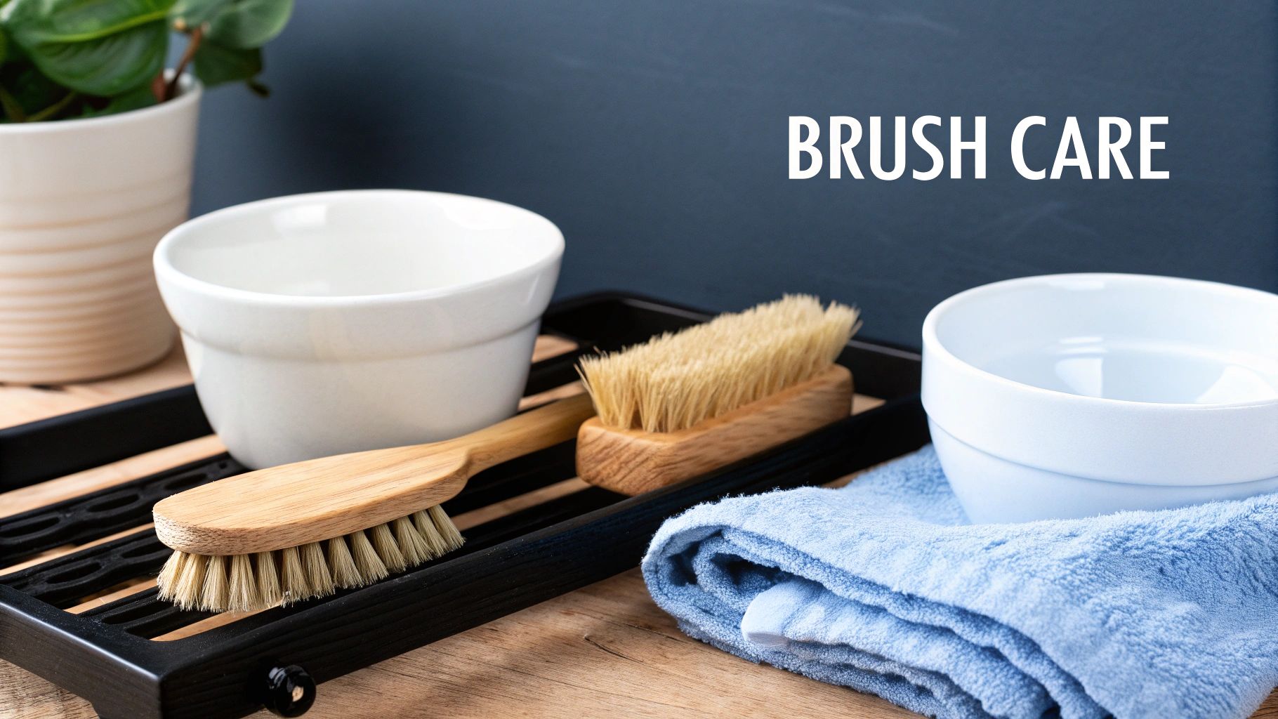 A clean set of paint brushes drying with their bristles pointing upwards.