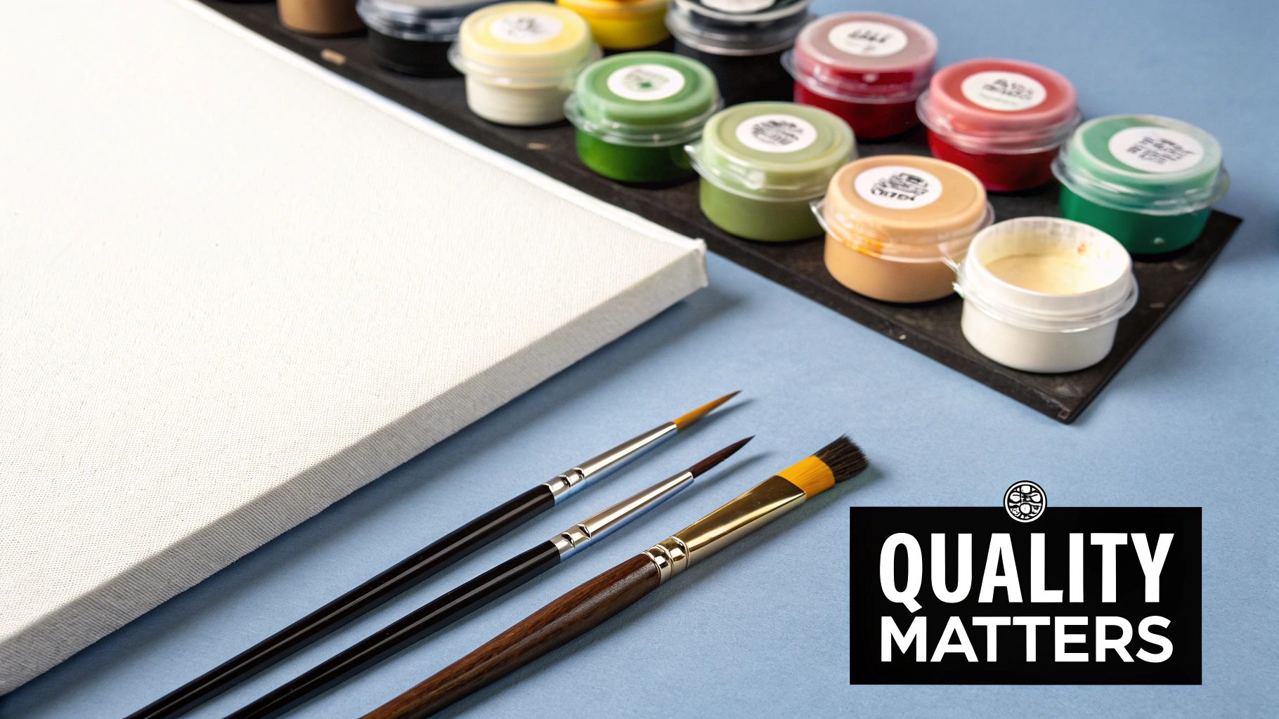A top-down view of art supplies: a blank canvas, colorful paint pots, and brushes on a blue surface.