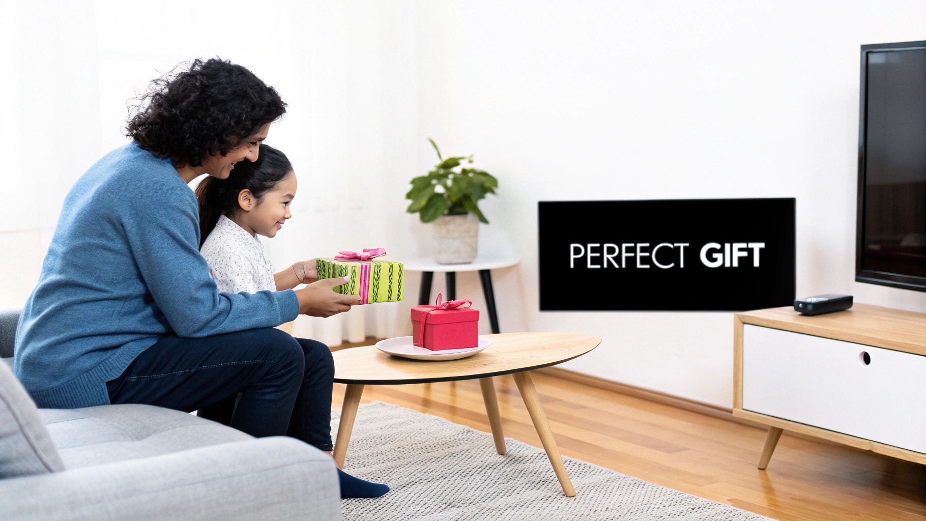 A mother and daughter sharing a happy moment while looking at a gift.
