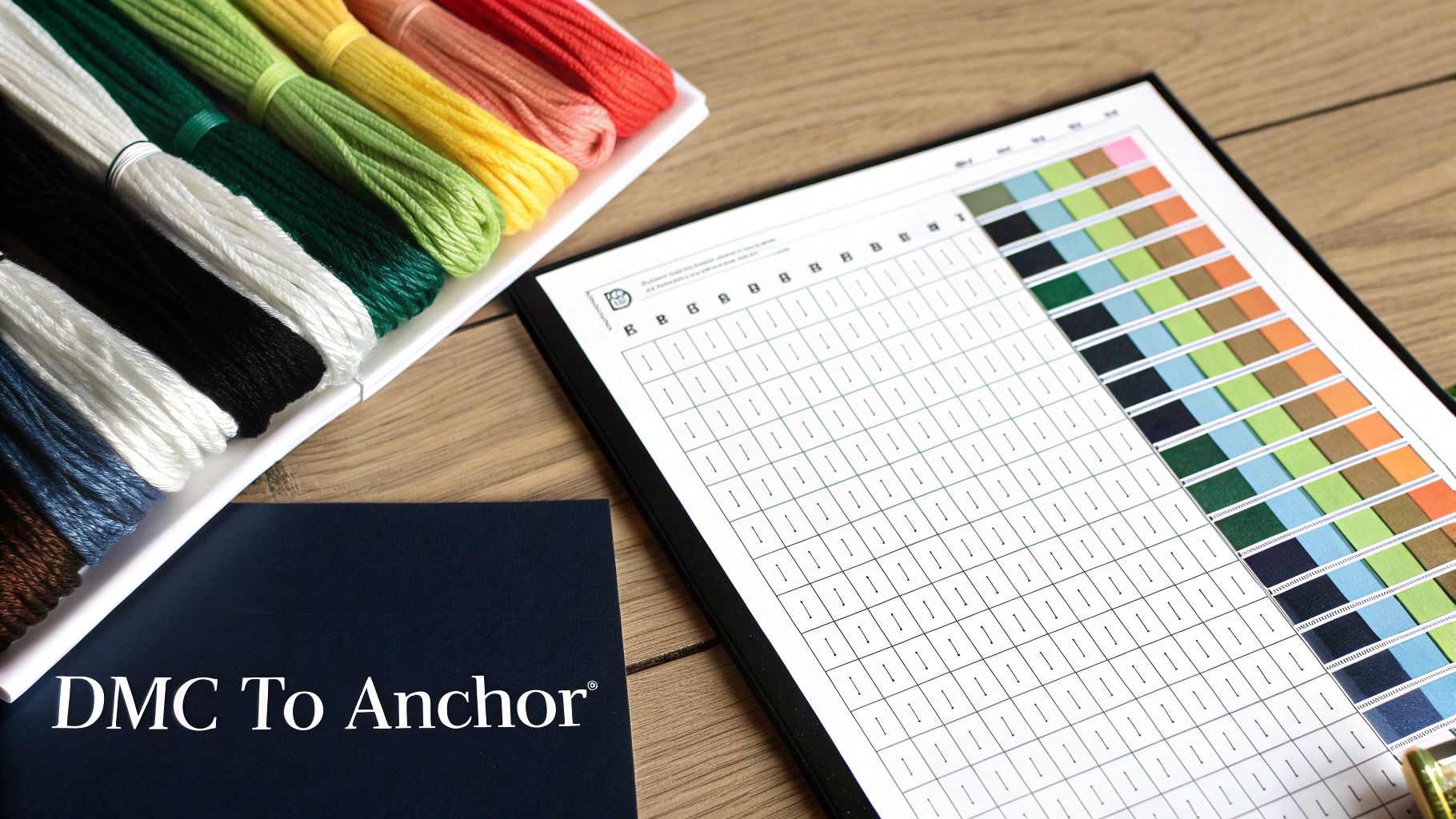 Colorful embroidery floss with a DMC to Anchor conversion chart and inventory sheet on a wooden table.