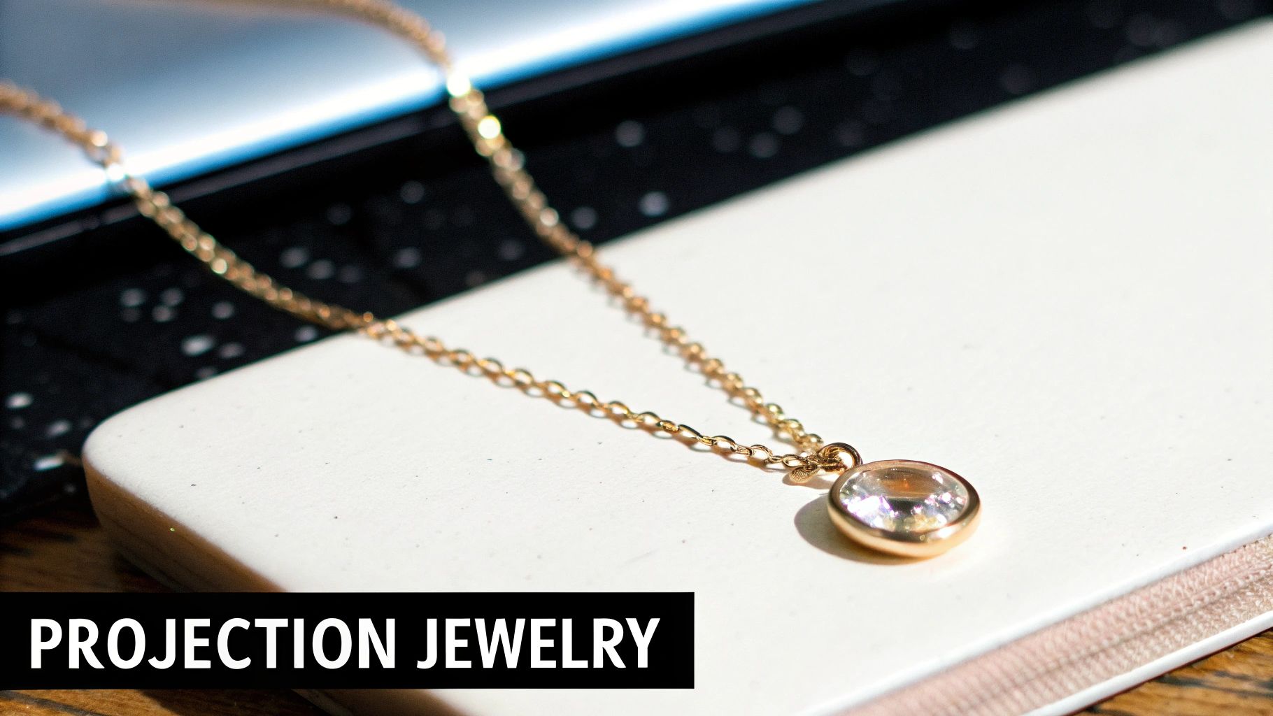 A close-up of a projection necklace showing a hidden photo inside the central stone.