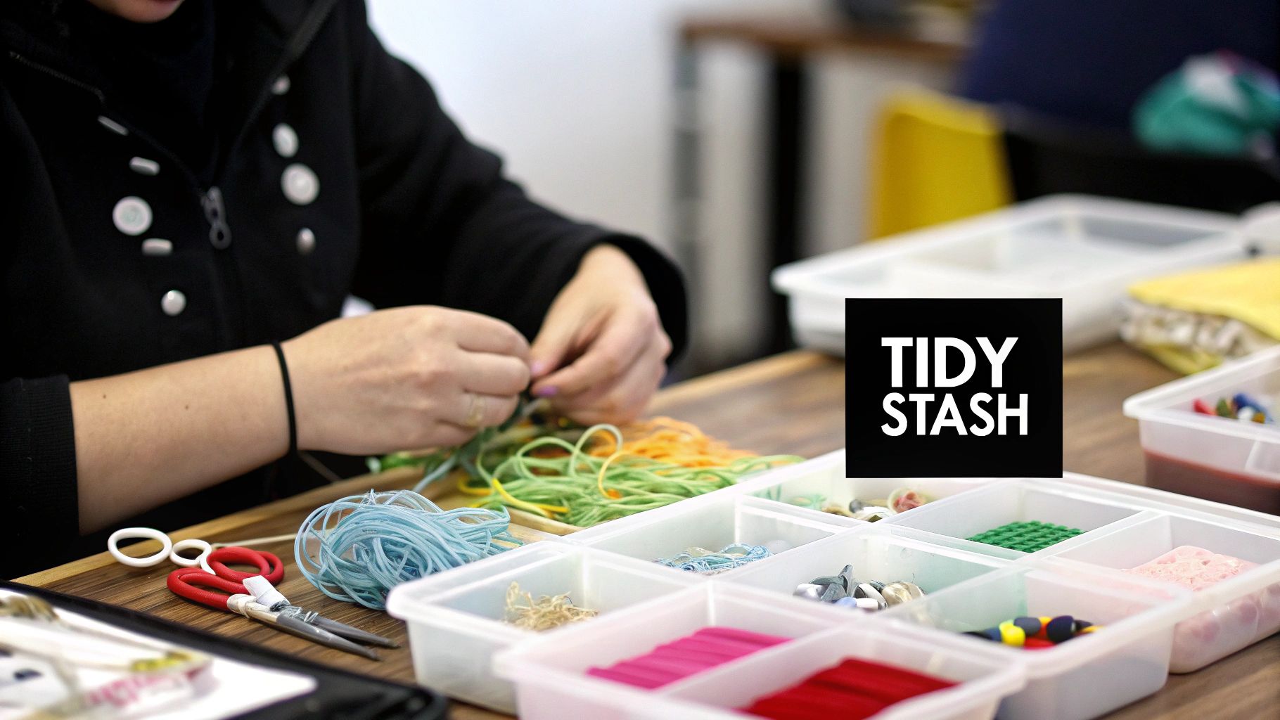 A person's hands are sorting colorful threads and various crafting supplies in an organizer.