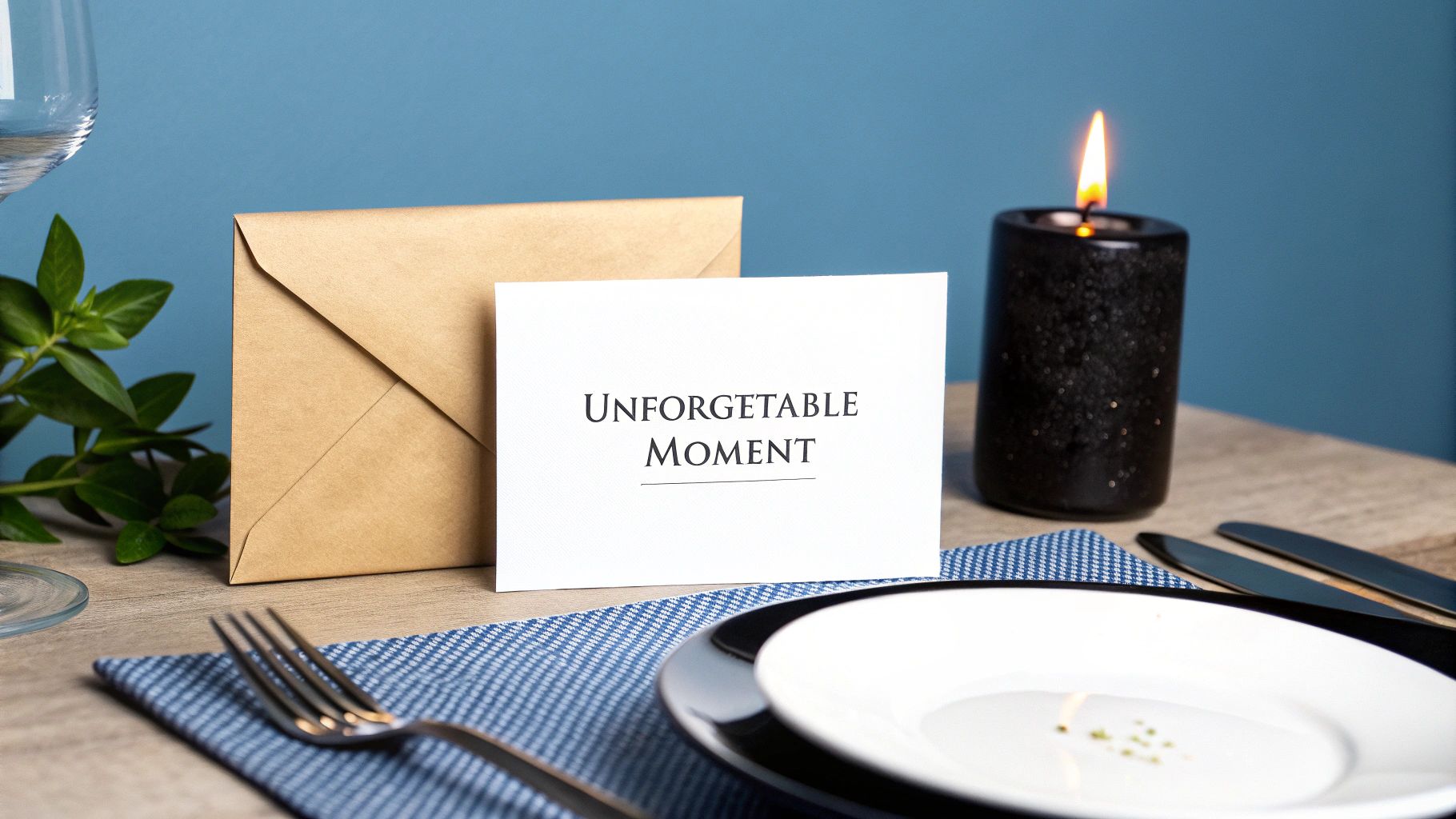 A romantic table setting with an 'UNFORGETTABLE MOMENT' card, lit candle, and dinnerware.