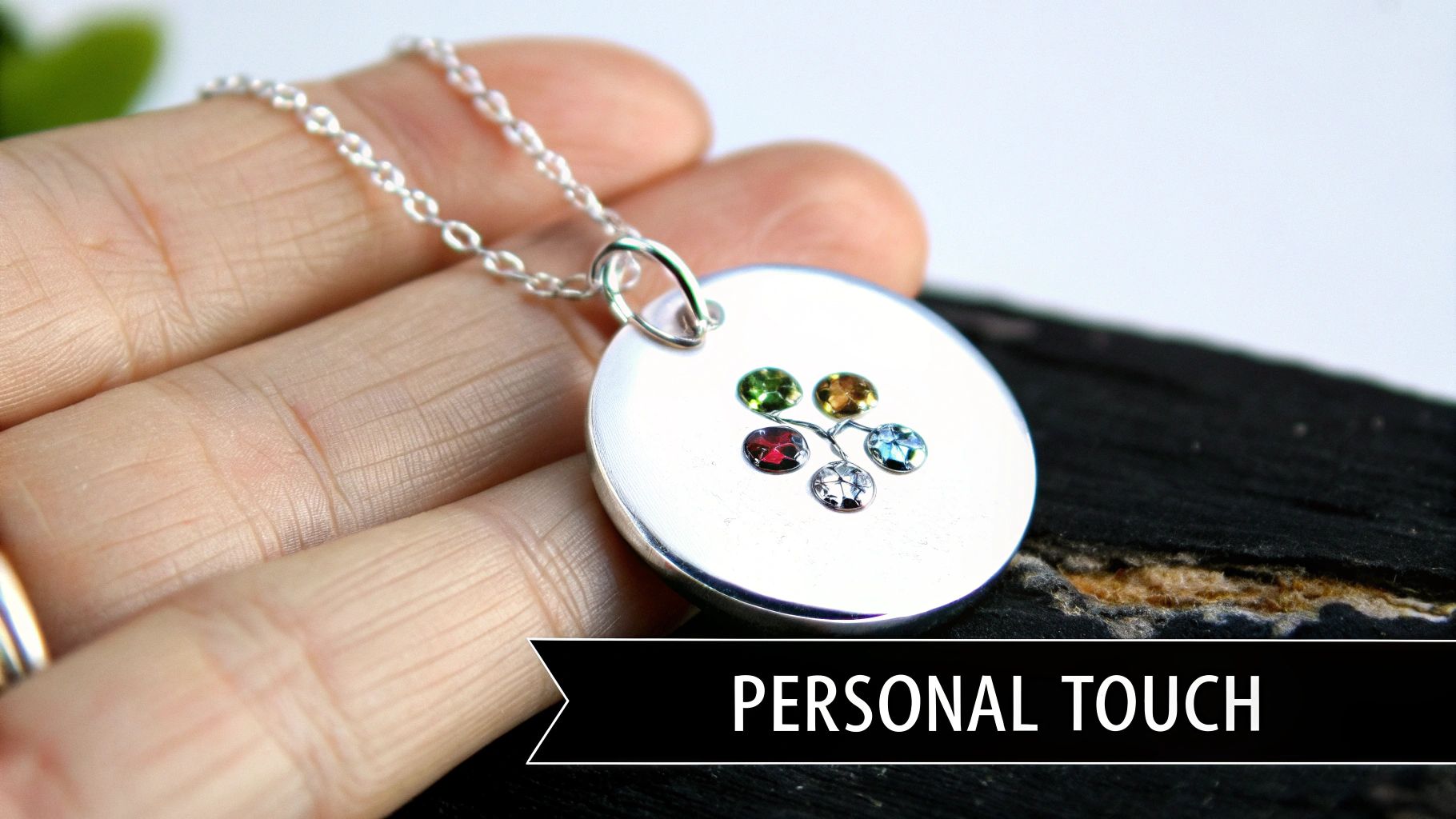 Close-up of a hand holding a personalized silver necklace with a birthstone tree pendant.