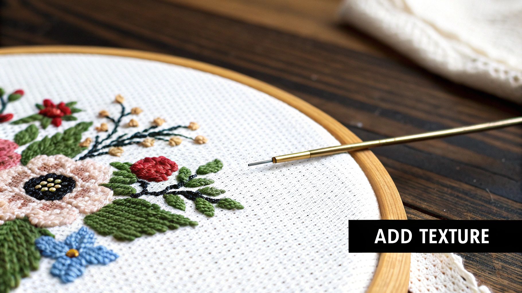 A close-up of a perfectly executed French knot in a cross-stitch project, showing its texture and dimension.