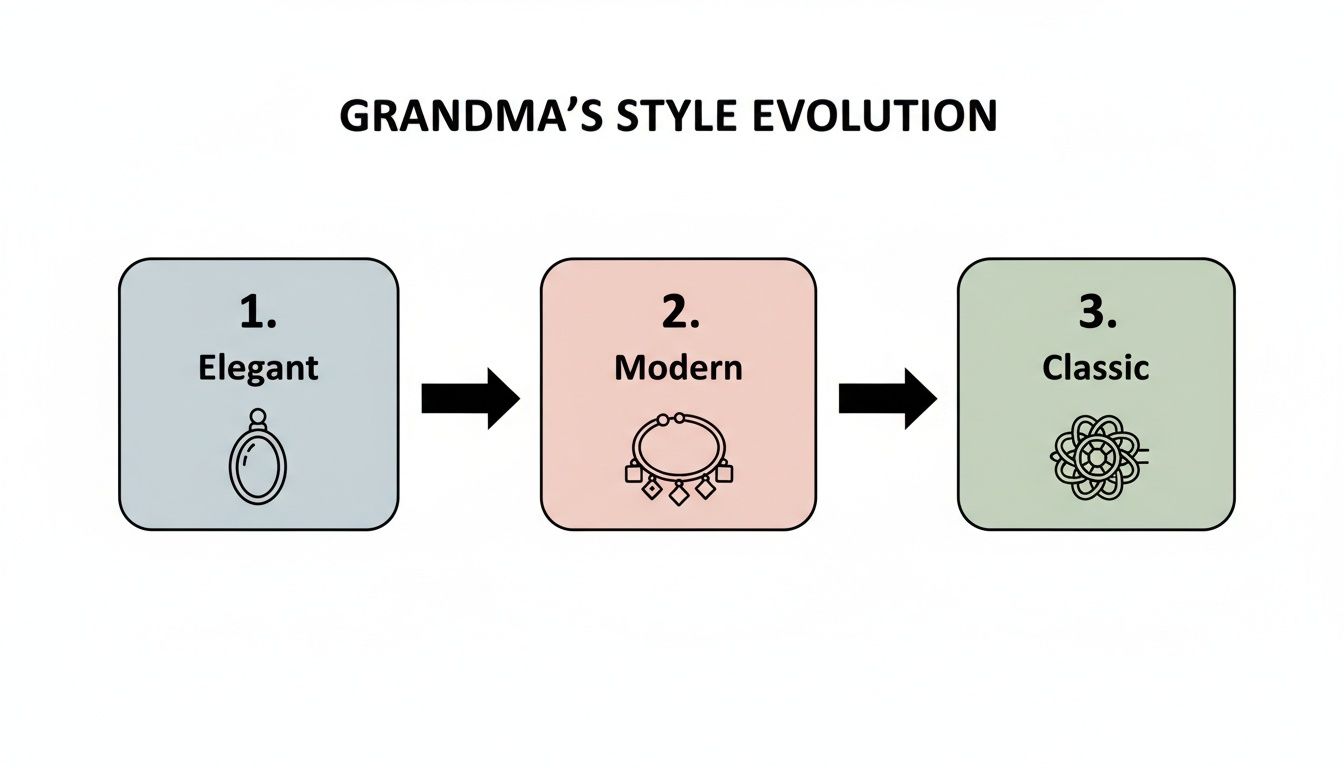A diagram showing grandma's jewelry style evolution: Elegant, Modern, and Classic, with corresponding jewelry pieces.