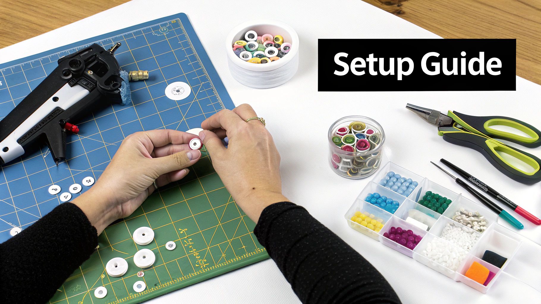 A person winding colourful cross stitch thread onto a small plastic bobbin using a handheld winder.