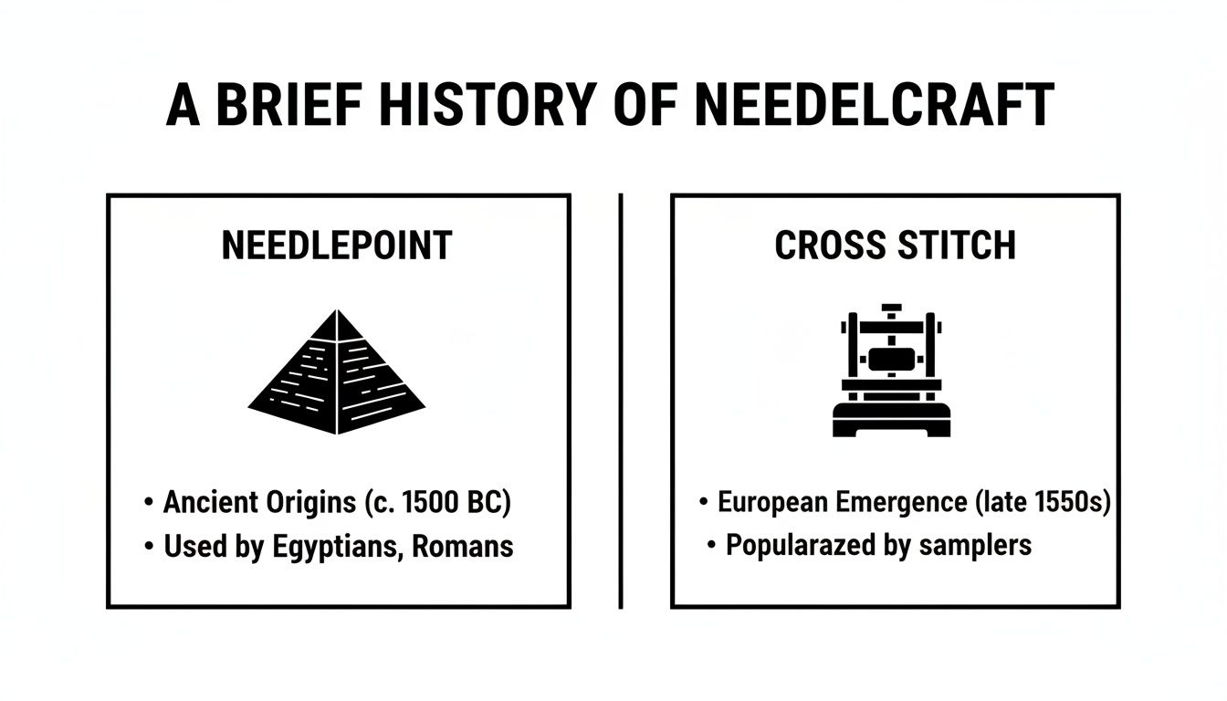 A diagram comparing the brief history of Needlepoint and Cross Stitch, detailing their origins and popularization.