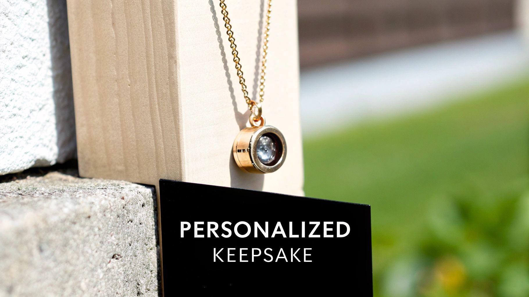 A personalized keepsake gold pendant with a clear stone on a chain, displayed on a wooden block.