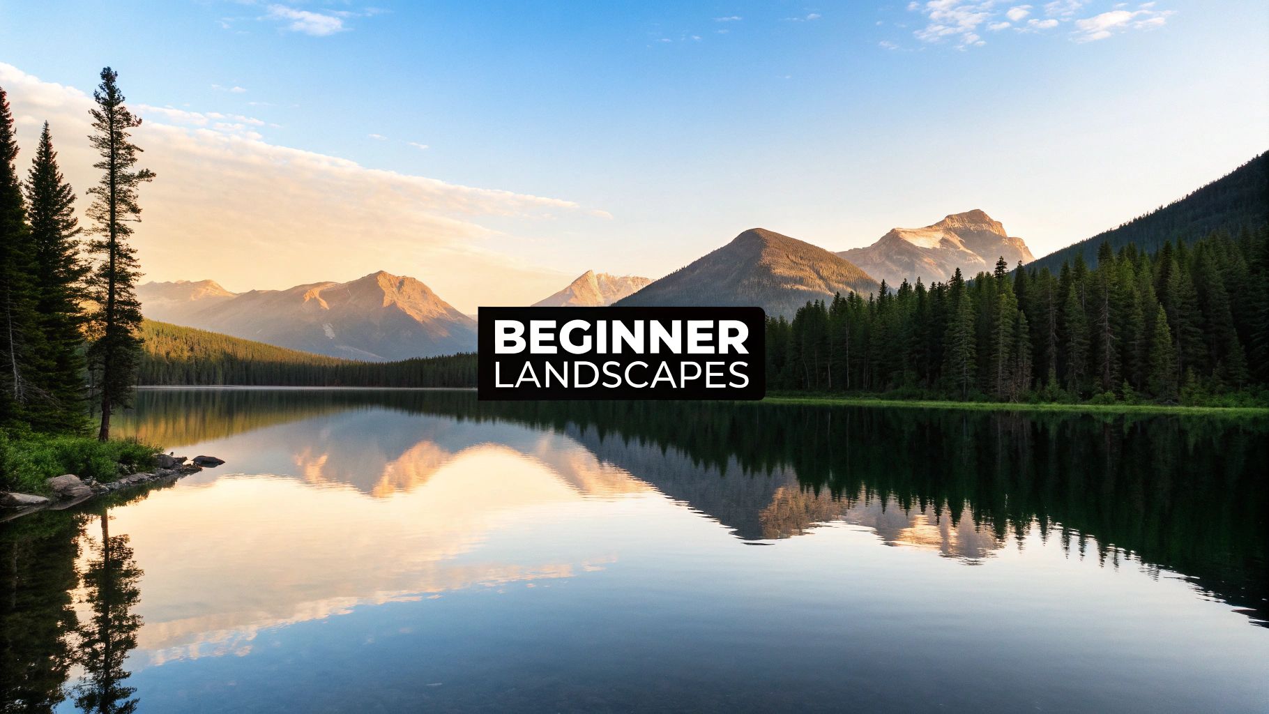 A calm mountain lake reflecting a sunset sky, surrounded by pine forests and distant peaks, with text 'BEGINNER LANDSCAPES'.