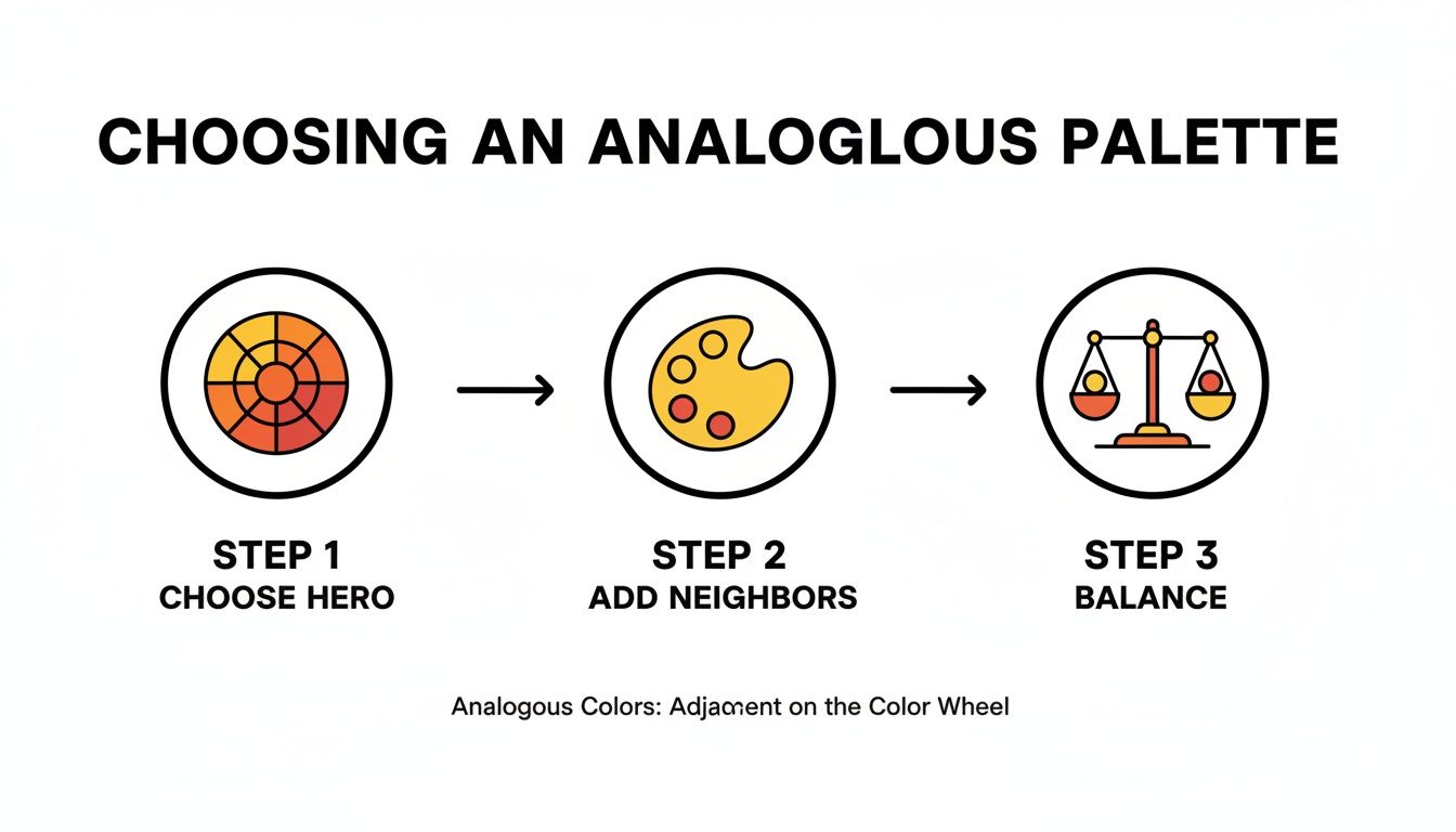 A diagram illustrating three steps to choose an analogous color palette, showing a color wheel, paint palette, and balancing scale.