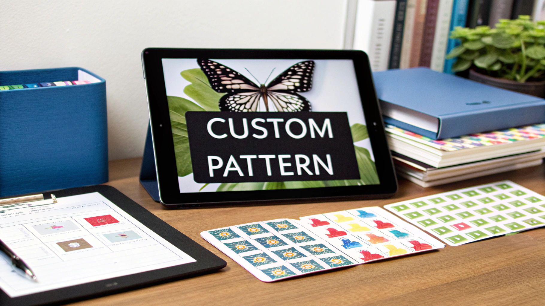 A creative workspace with a tablet displaying 'CUSTOM PATTERN' text, a butterfly image, a clipboard, and pattern cards.
