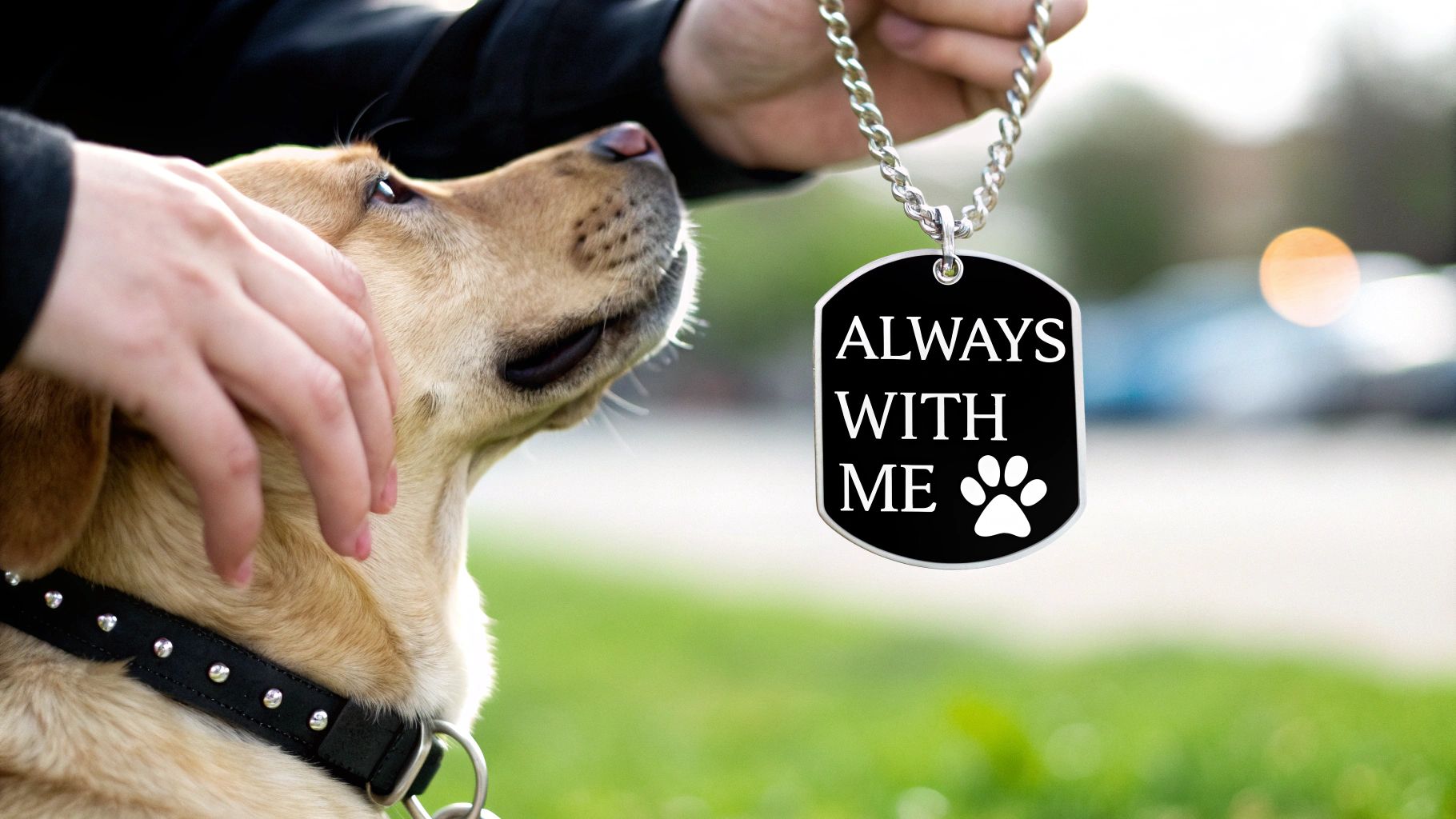 A woman wearing a personalized pet necklace, with a soft-focus image of a dog in the background.