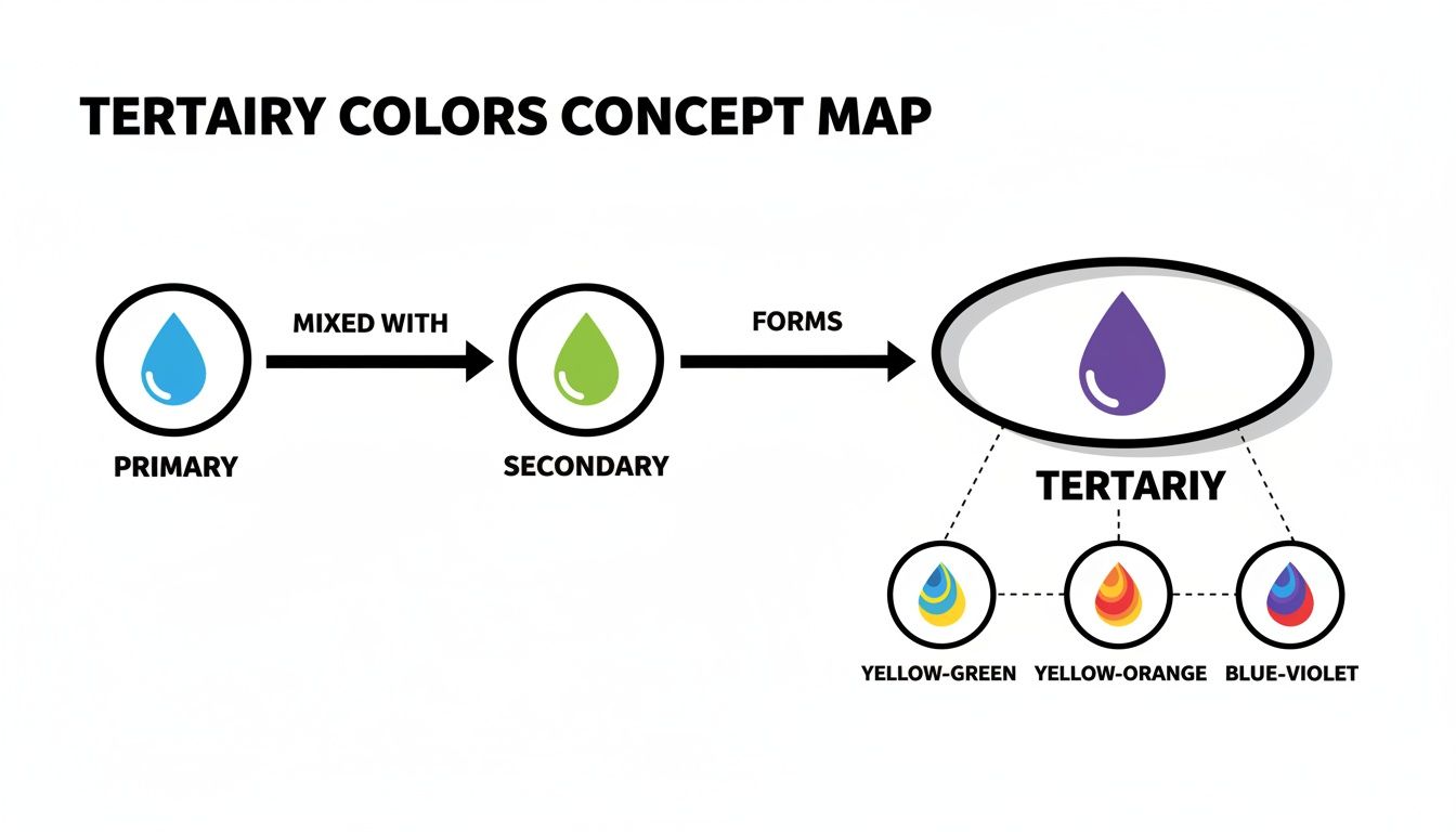 A concept map showing how primary and secondary colors mix to form tertiary colors, like yellow-green.
