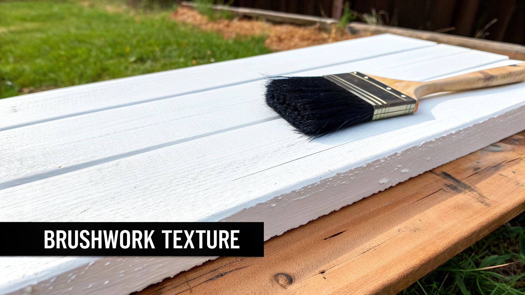 A paintbrush with black bristles and a wooden handle rests on a white textured wooden surface outdoors.