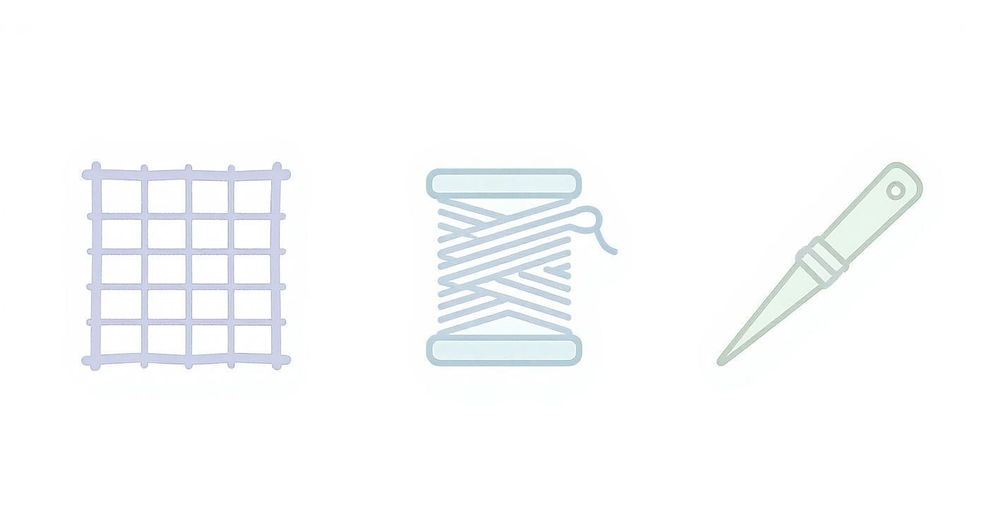 Three icons representing crafting tools: a grid, a spool of thread, and a sewing needle.