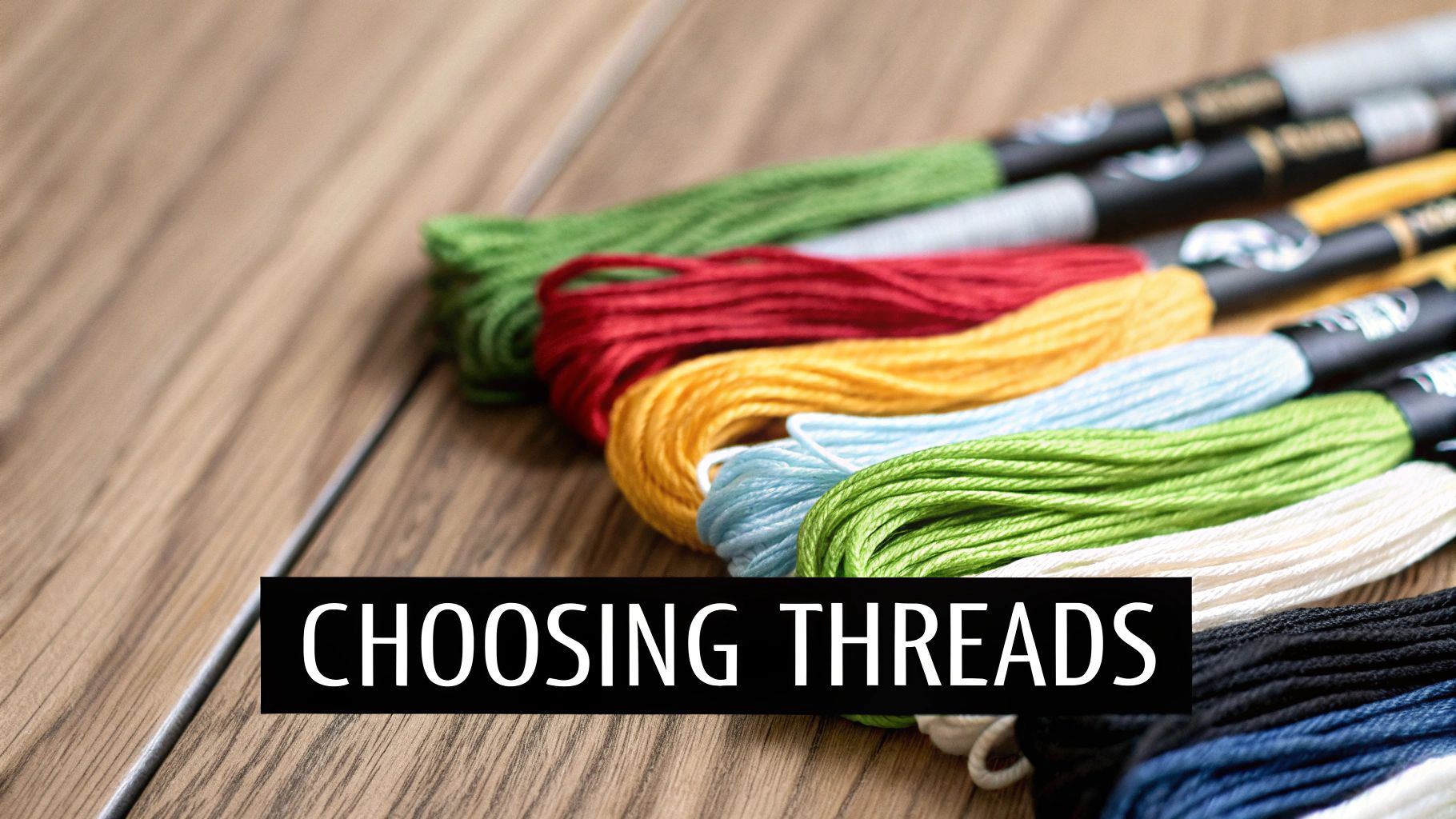A beautiful assortment of colorful embroidery floss arranged neatly.