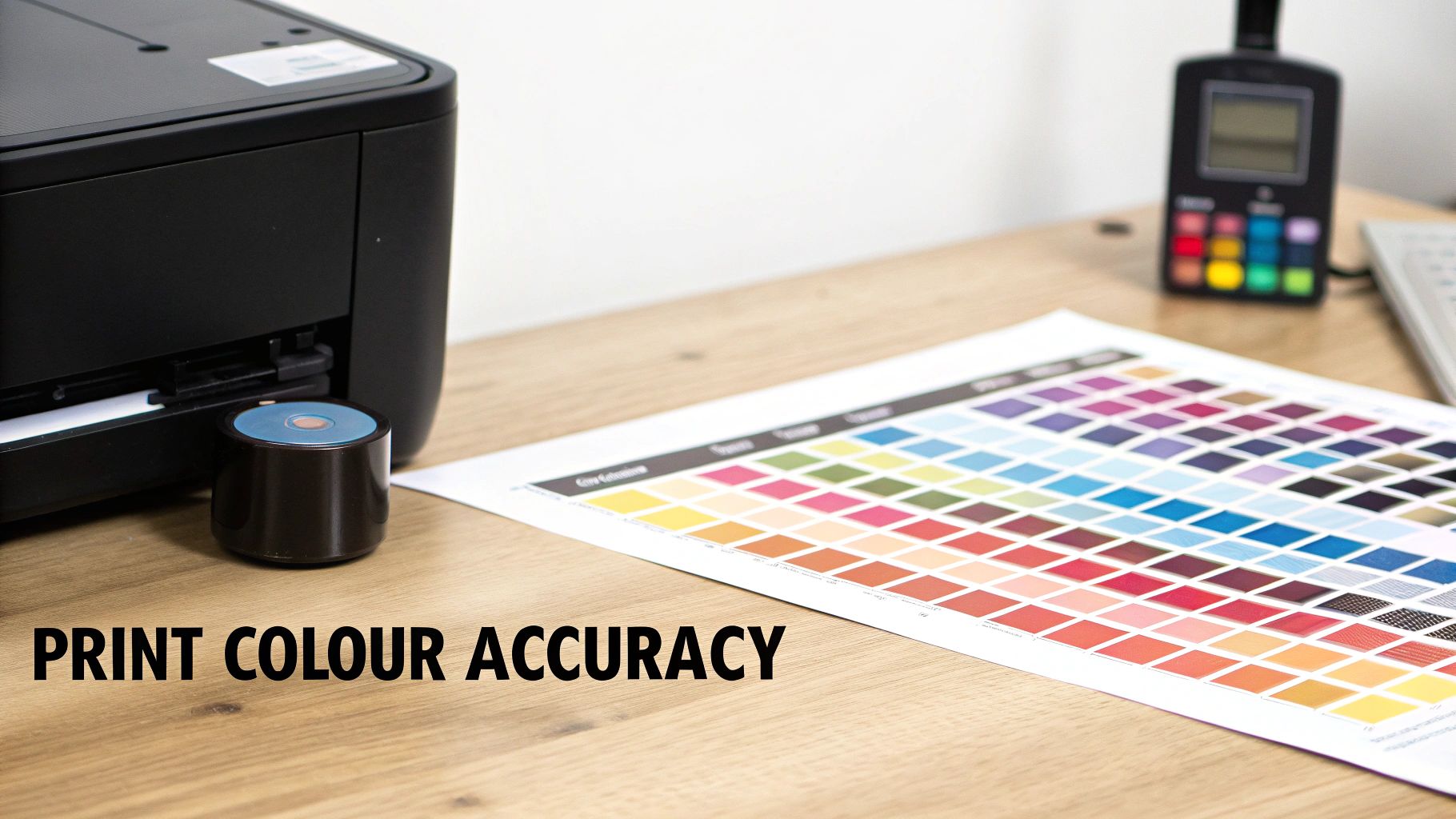 A person holding a printed colour chart next to a collection of DMC thread skeins.