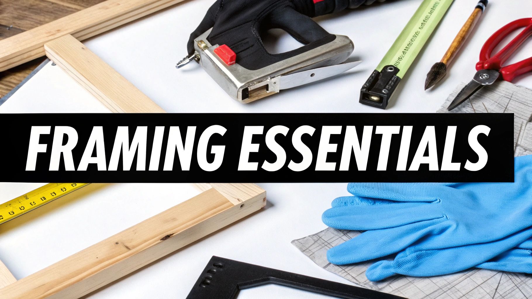 A flat lay of framing tools including stretcher bars, staple gun, tape measure, and gloves.