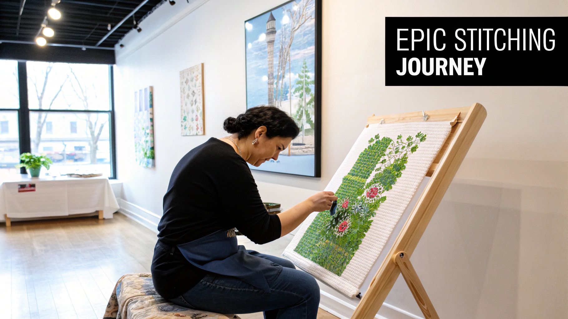 A woman intently stitches a large green and red floral design on an easel in an art gallery.
