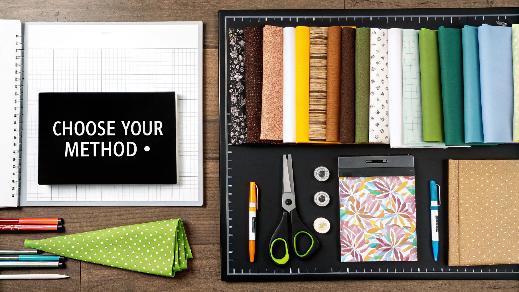 A collection of different fabrics, threads, and transfer tools arranged neatly on a wooden table