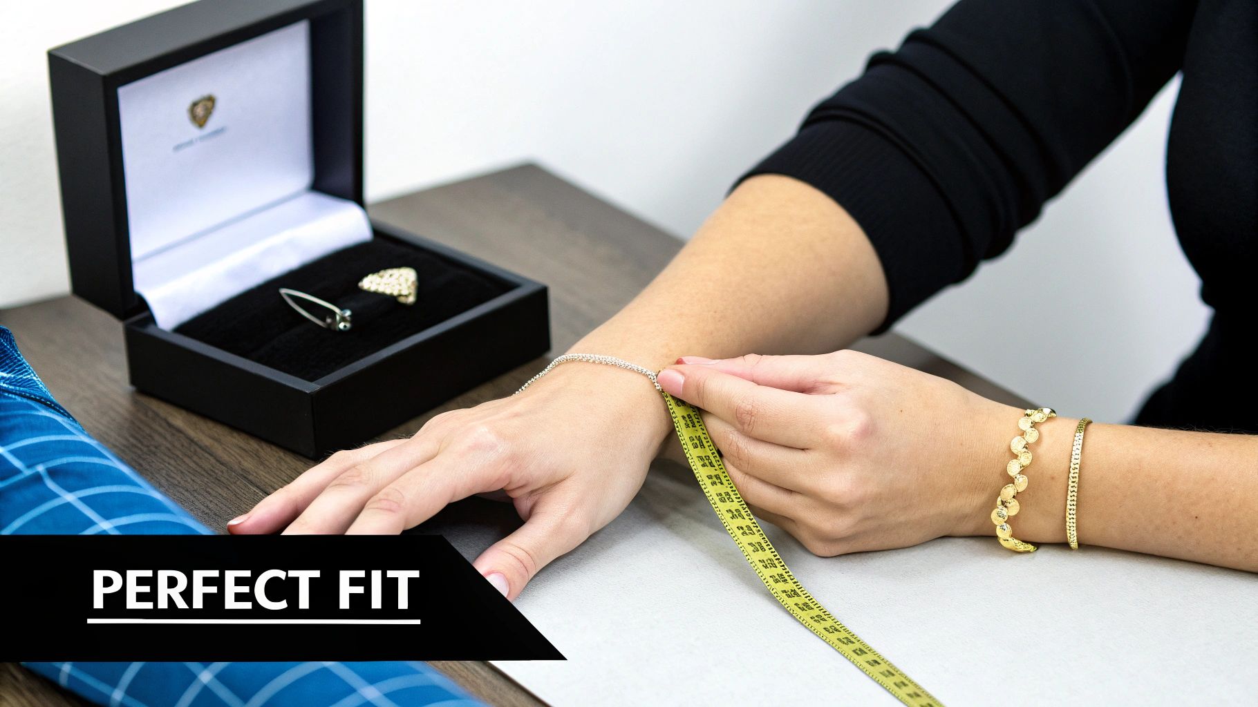 Hand measuring wrist with tape, showing bracelets and an open jewelry box for a perfect fit.
