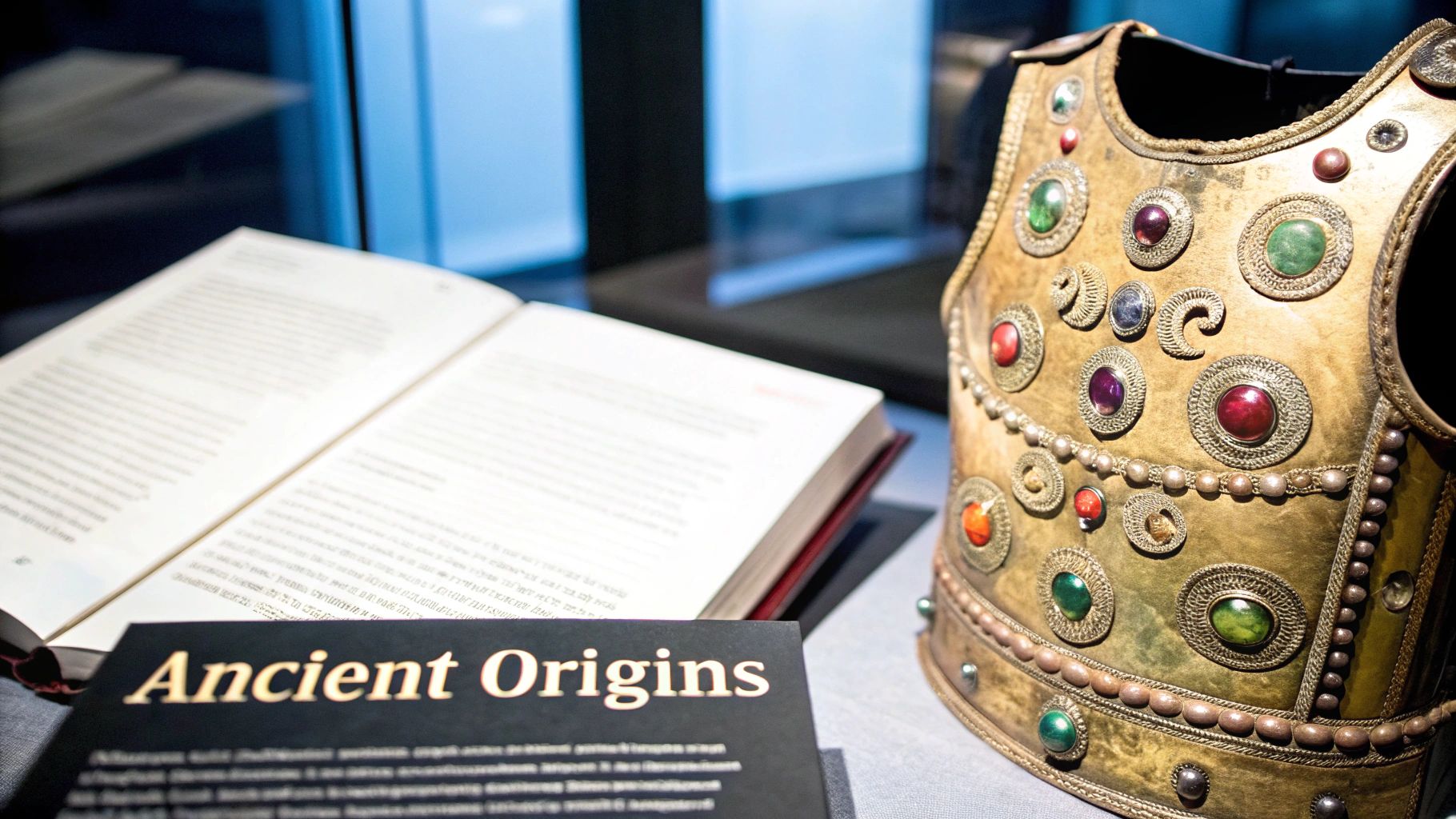 A golden, jeweled breastplate next to an open book and a sign reading 'Ancient Origins'.