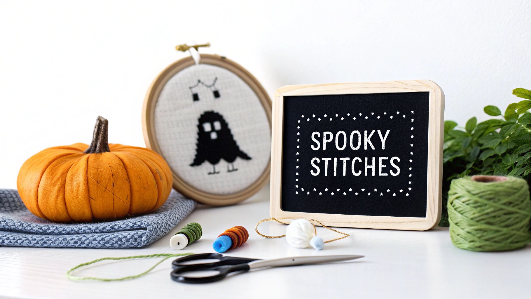 Halloween crafting scene featuring a fabric pumpkin, ghost cross-stitch, and 'SPOOKY STITCHES' sign with threads.