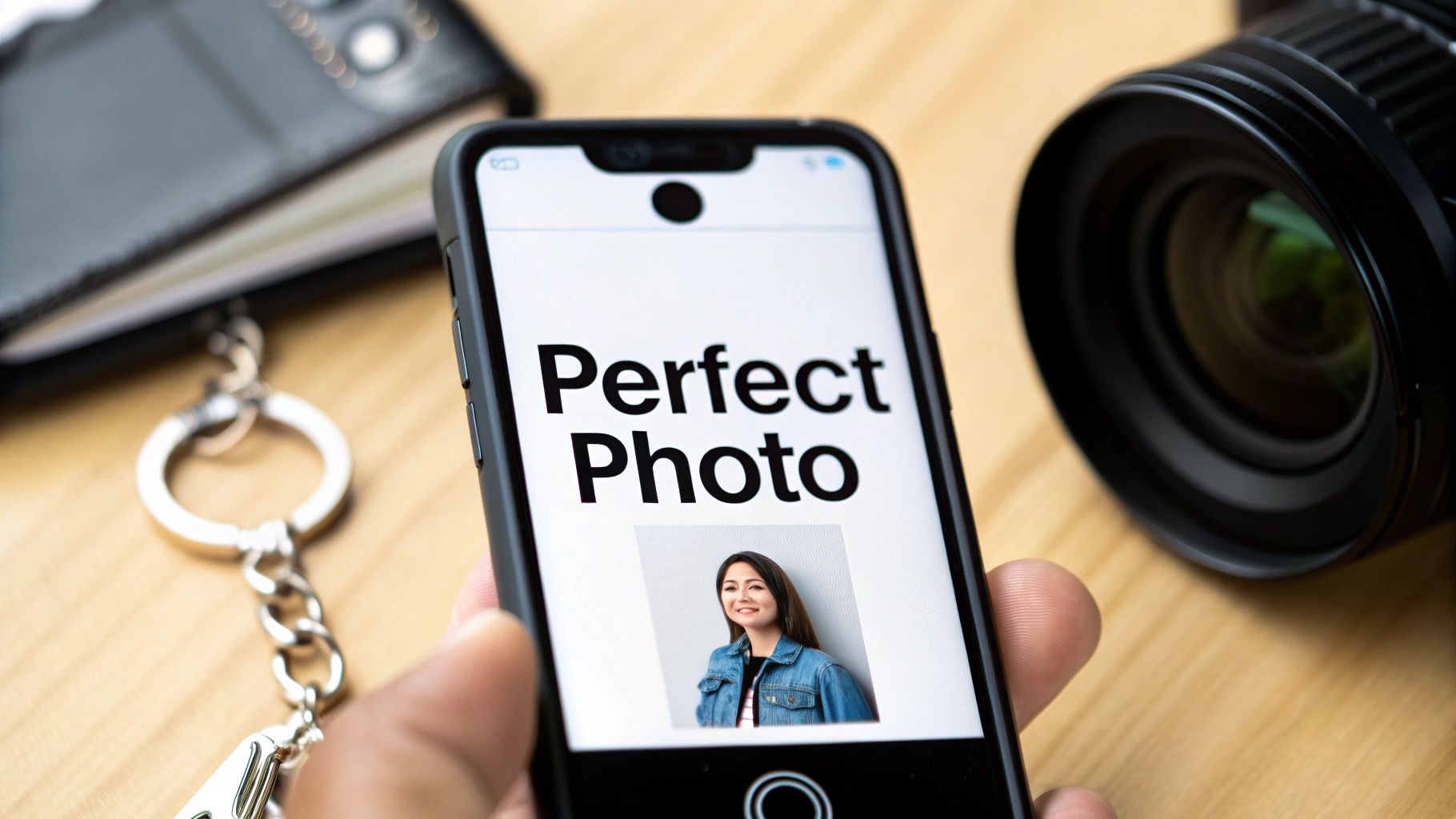 A person holds a smartphone displaying 'Perfect Photo' text and a smiling woman's portrait.