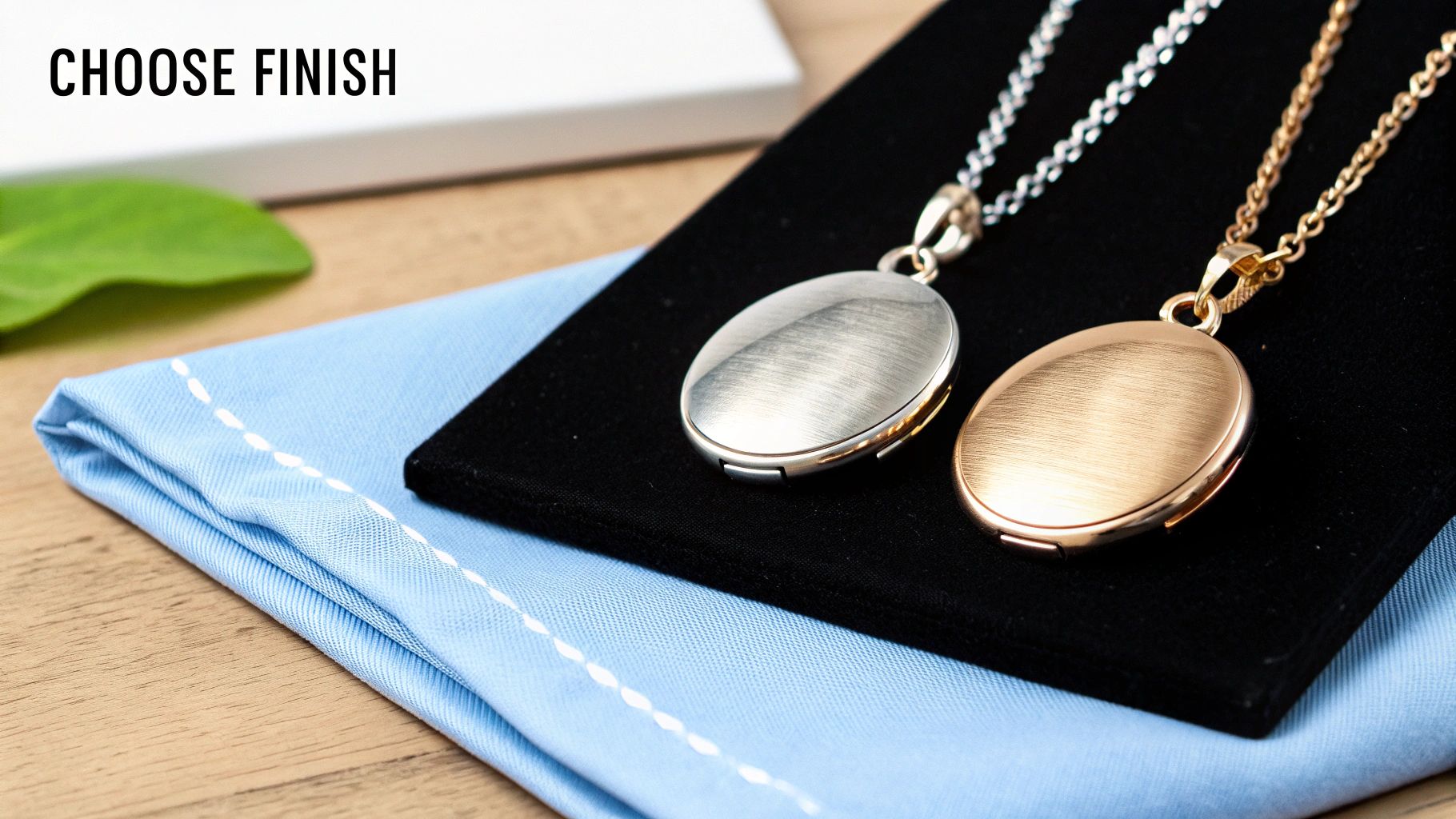 Two elegant oval lockets, one silver and one gold, with a brushed finish, displayed on black velvet, inviting choice of finish.