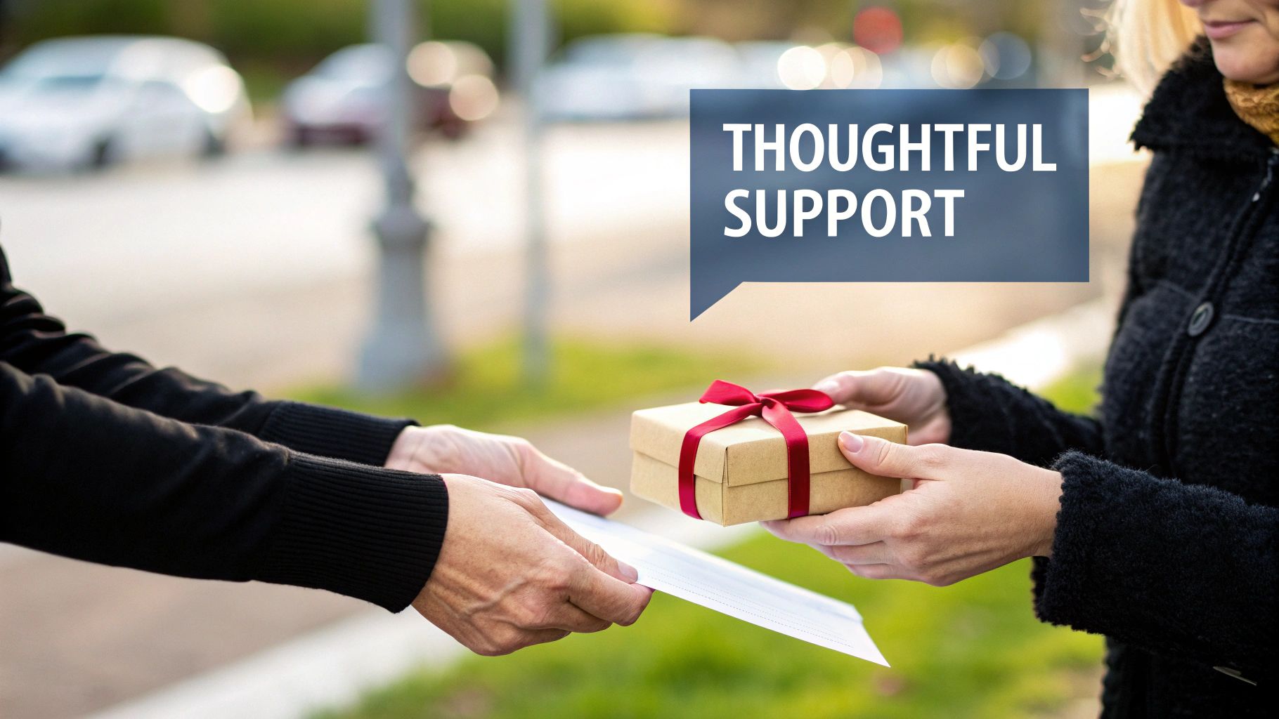 A person gently holding the hands of a grieving friend for comfort.