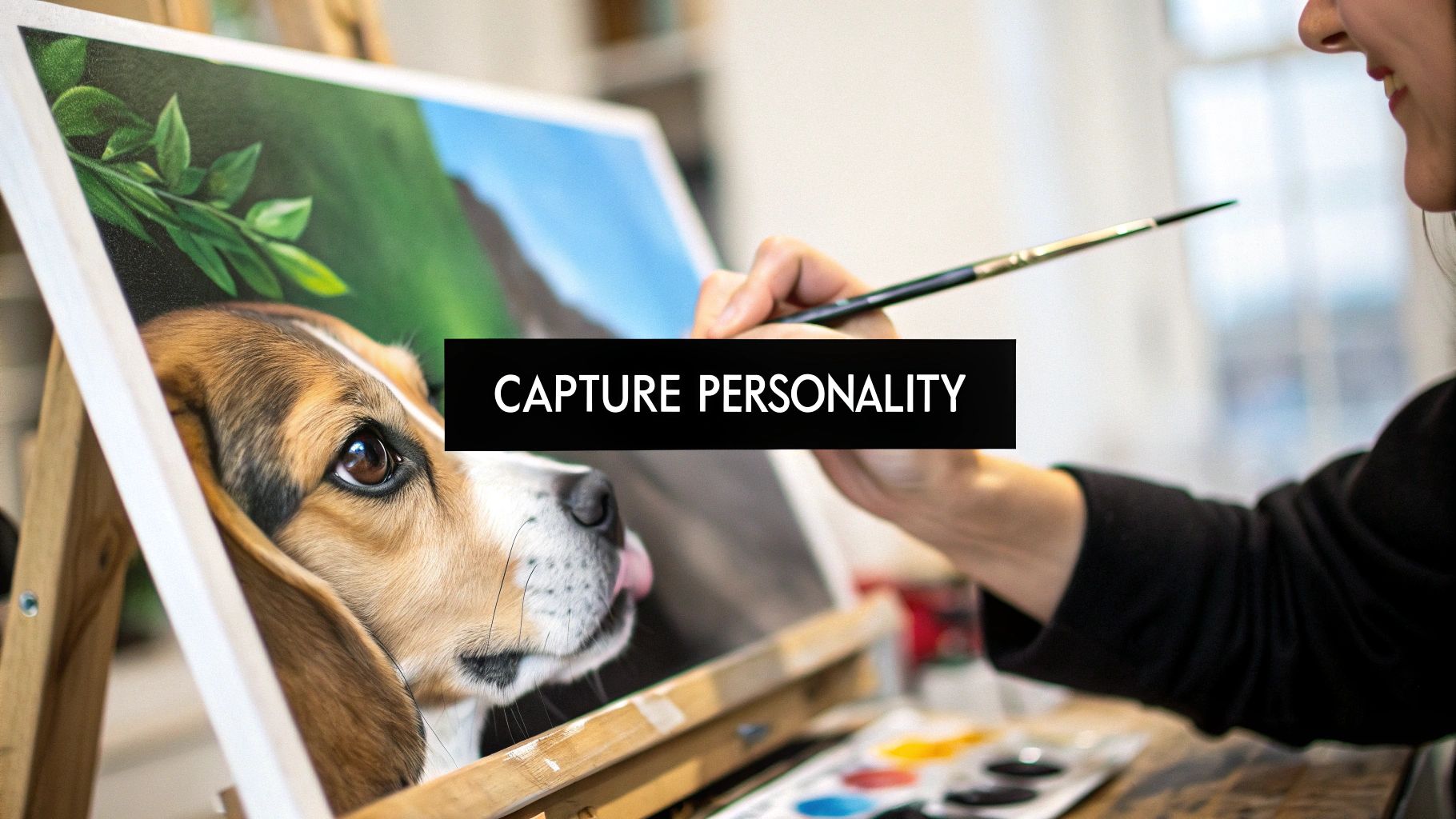 Close-up of a person's hand painting a detailed portrait of a beagle dog on an easel, with paints.