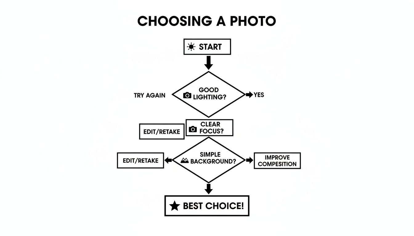 A flowchart detailing steps for choosing a photo based on good lighting, clear focus, and simple background.