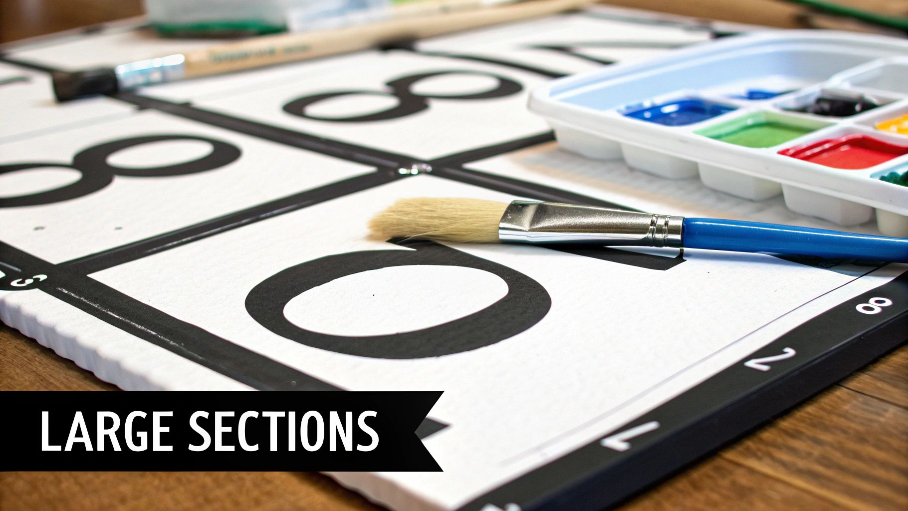 A close-up of a white board with large black numbers in sections, a paintbrush, and a paint palette.