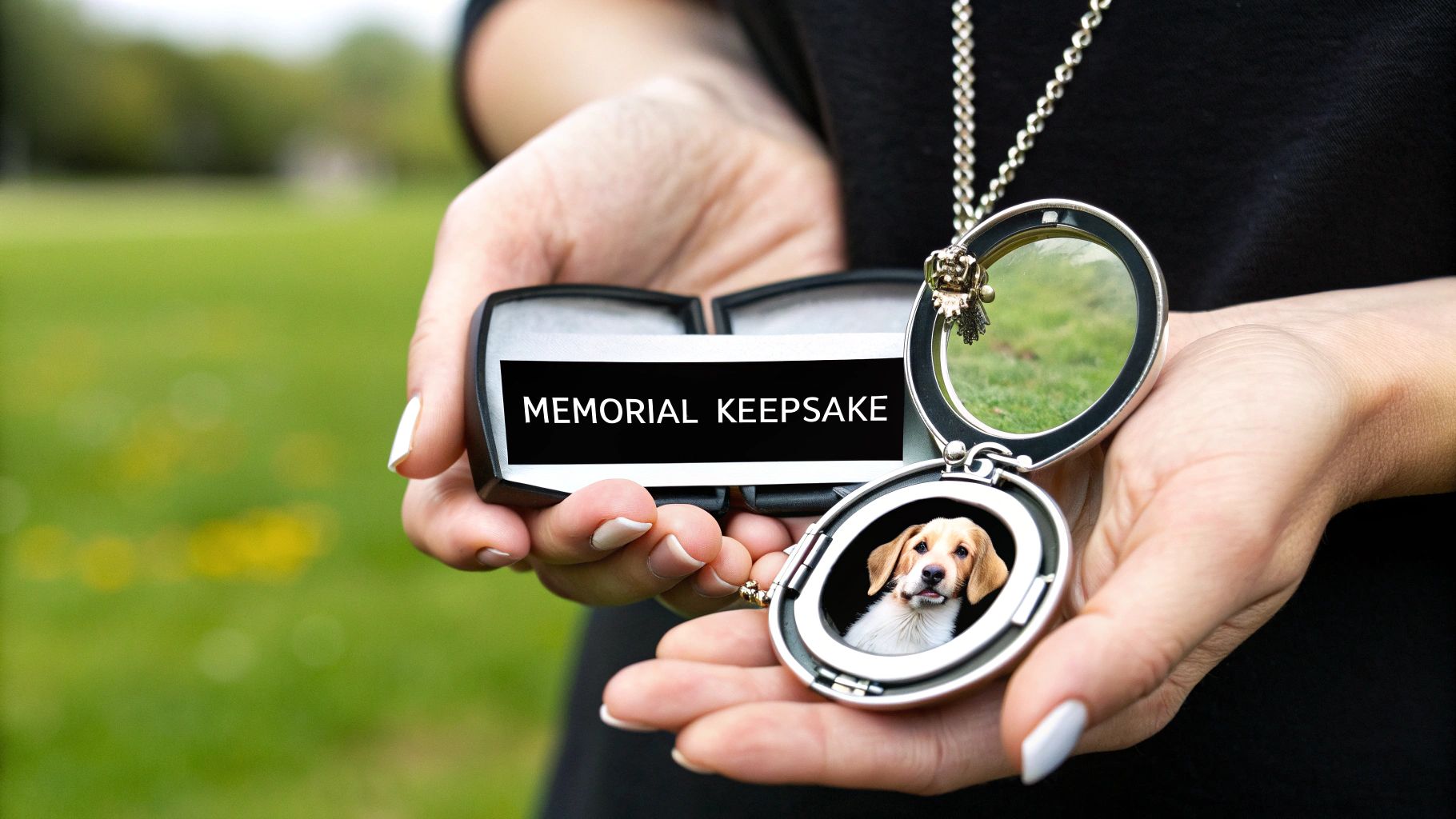 A person holding a delicate memorial necklace with a pet's name engraved on it.