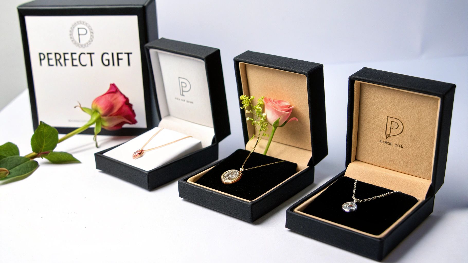 Open black gift boxes elegantly displaying various necklaces, one adorned with a delicate pink rose.