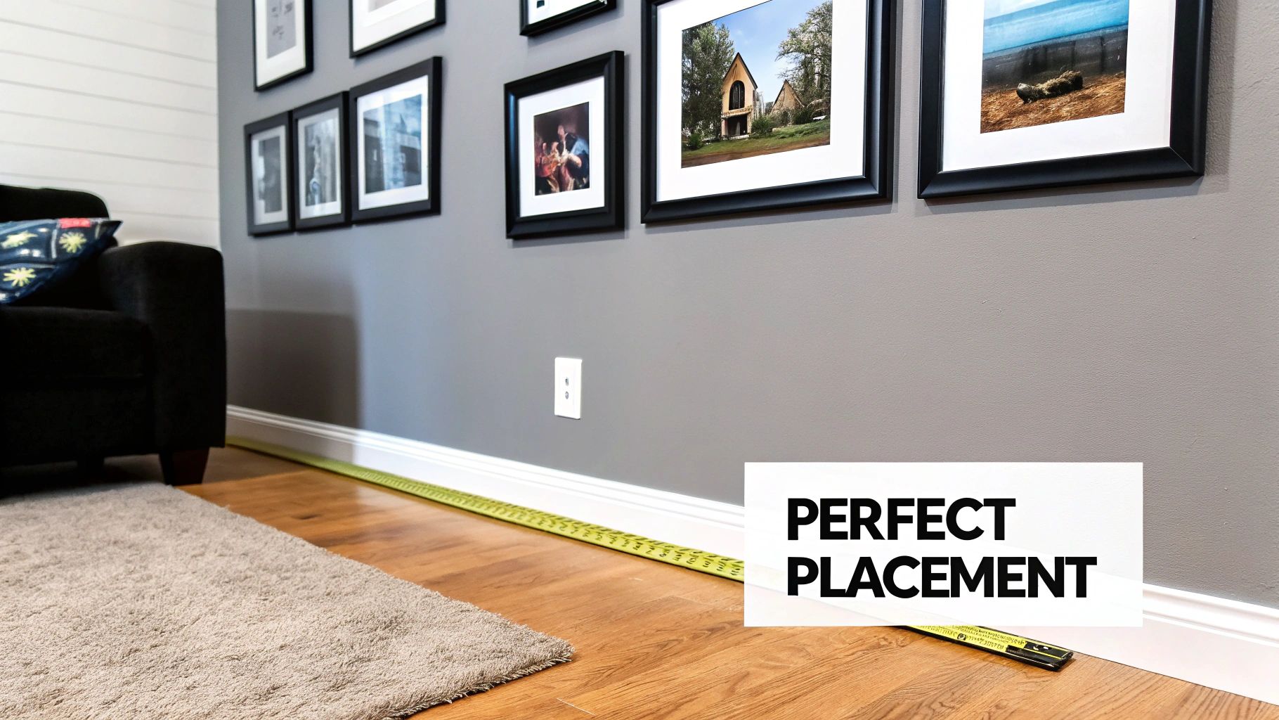 A measuring tape laid on a wooden floor, guiding the perfect placement of framed pictures on a grey wall.