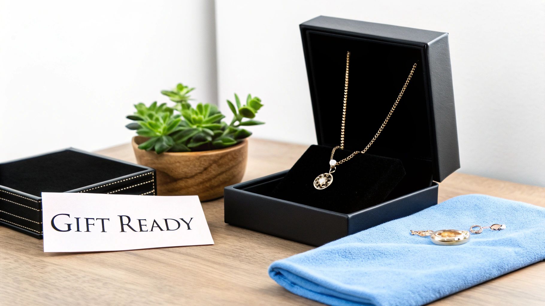 A gold necklace with a circular pendant in an open black gift box, next to a 'GIFT READY' card and a succulent plant.