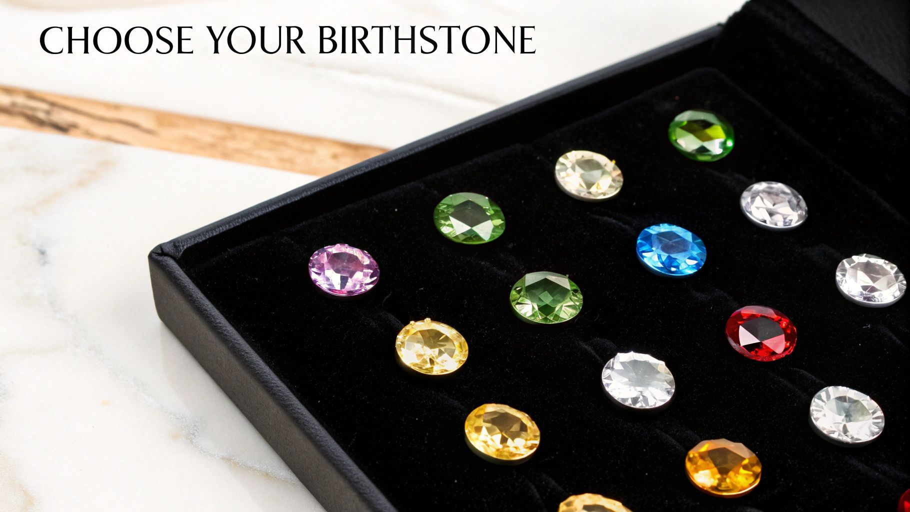 A collection of various colorful birthstones scattered on a surface.