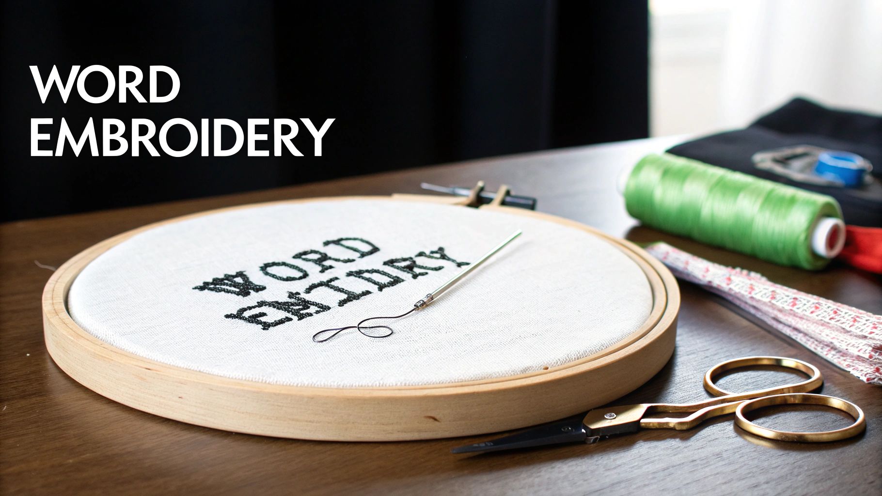 Close-up of an embroidery hoop with 'WORD EMBROIDERY' text, a punch needle, and crafting supplies.