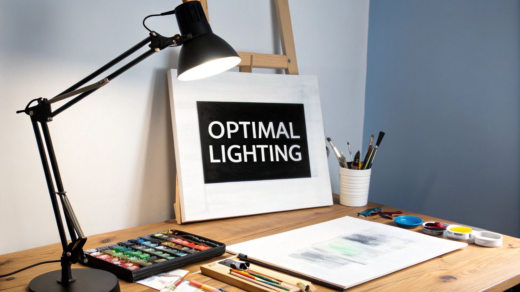 A well-organized desk for paint by numbers, with a bright lamp, neatly arranged paint pots, and a canvas on an easel.