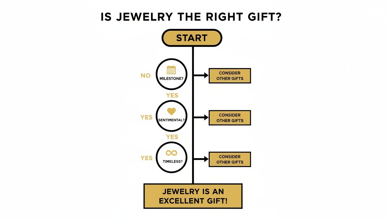 Flowchart titled 'Is Jewelry The Right Gift?' asking if it's a milestone, sentimental, or timeless gift.