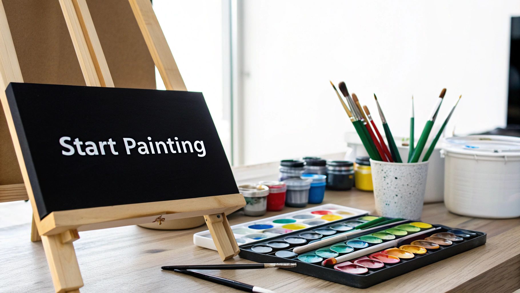 A person applying varnish to a finished custom paint by number canvas.