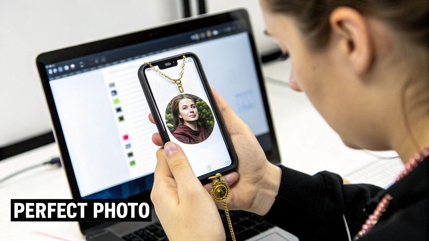 A close-up shot of a person selecting a photo on a smartphone to be used for a custom photo pendant necklace.