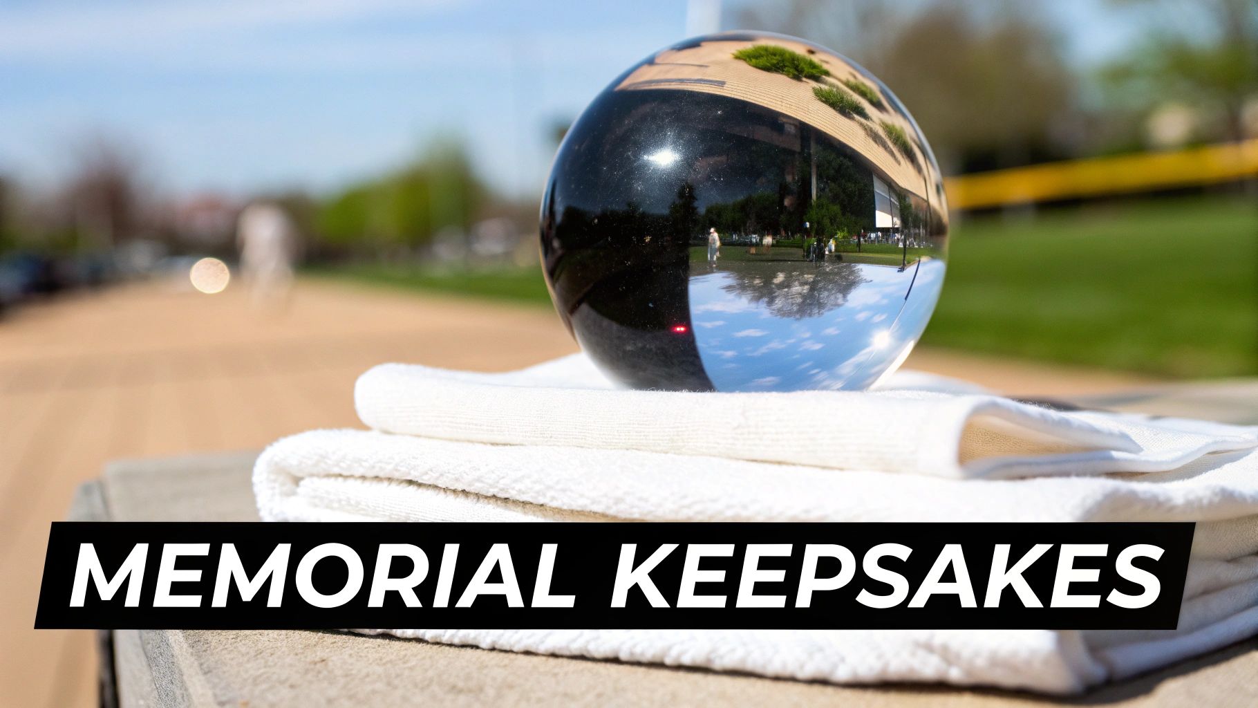 A clear glass sphere rests on white towels, reflecting an inverted park scene with trees and people, near 'MEMORIAL KEEPSAKES' text.