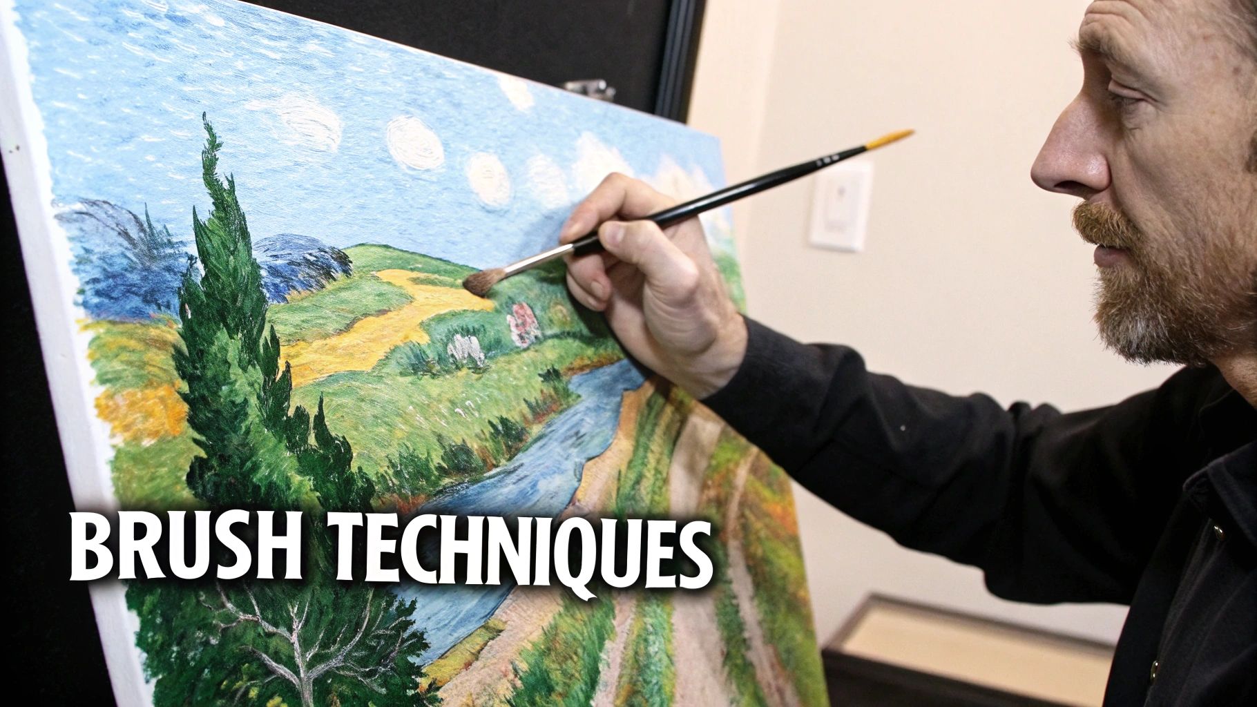Artist demonstrating brush techniques while painting Van Gogh inspired landscape with cypress trees